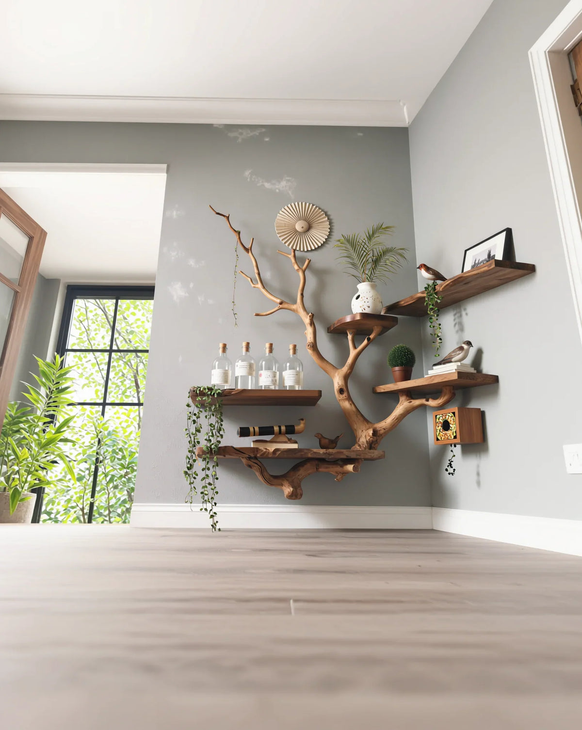 Live edge wooden tree bookshelf with floating shelves and plants on modern gray wall
