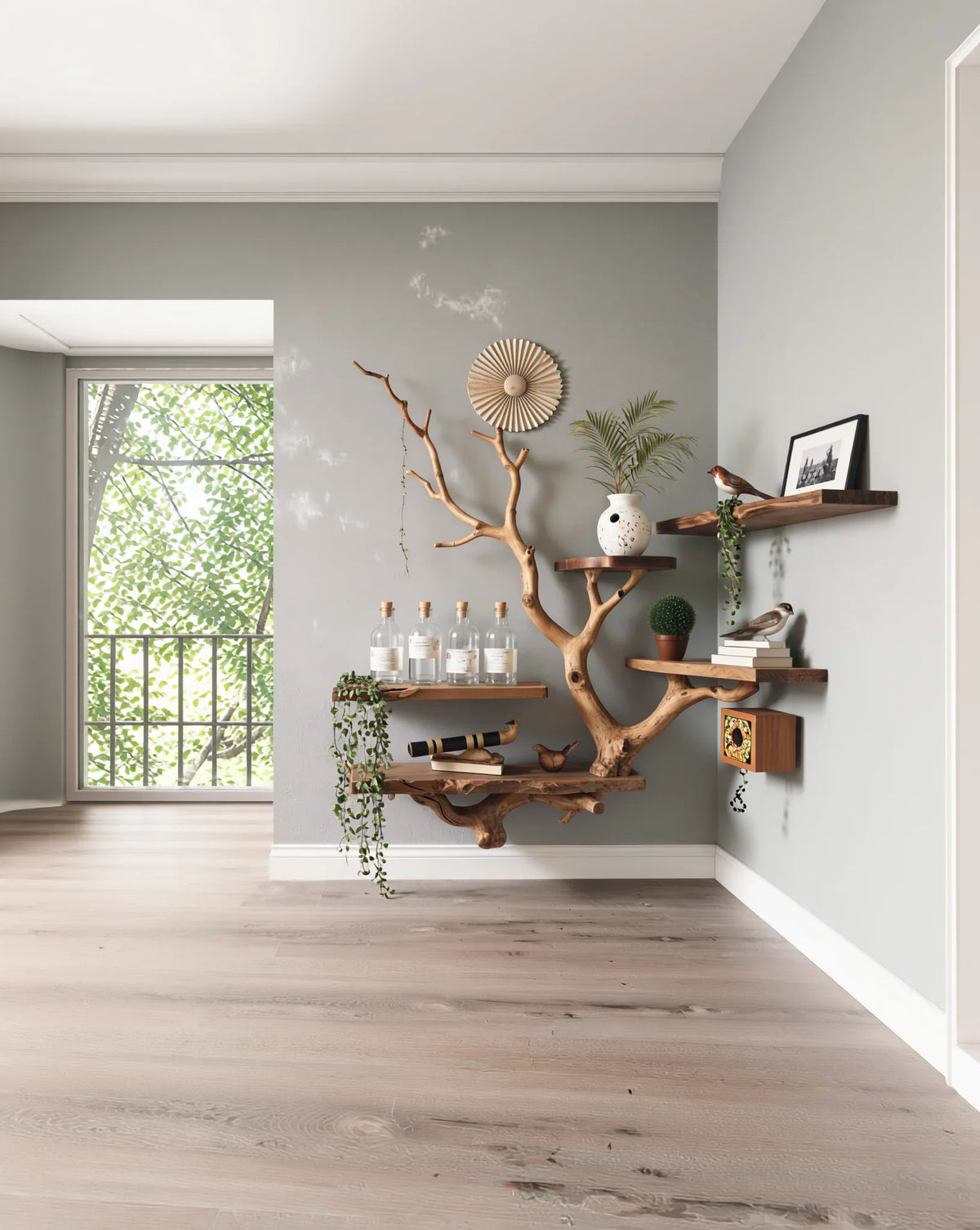 Live edge tree bookshelf with floating solid wood shelves, modern minimalist living room décor