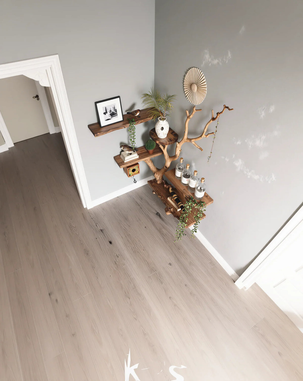 Live edge wood floating shelves with decor, bottles, and plants in a modern entryway corner