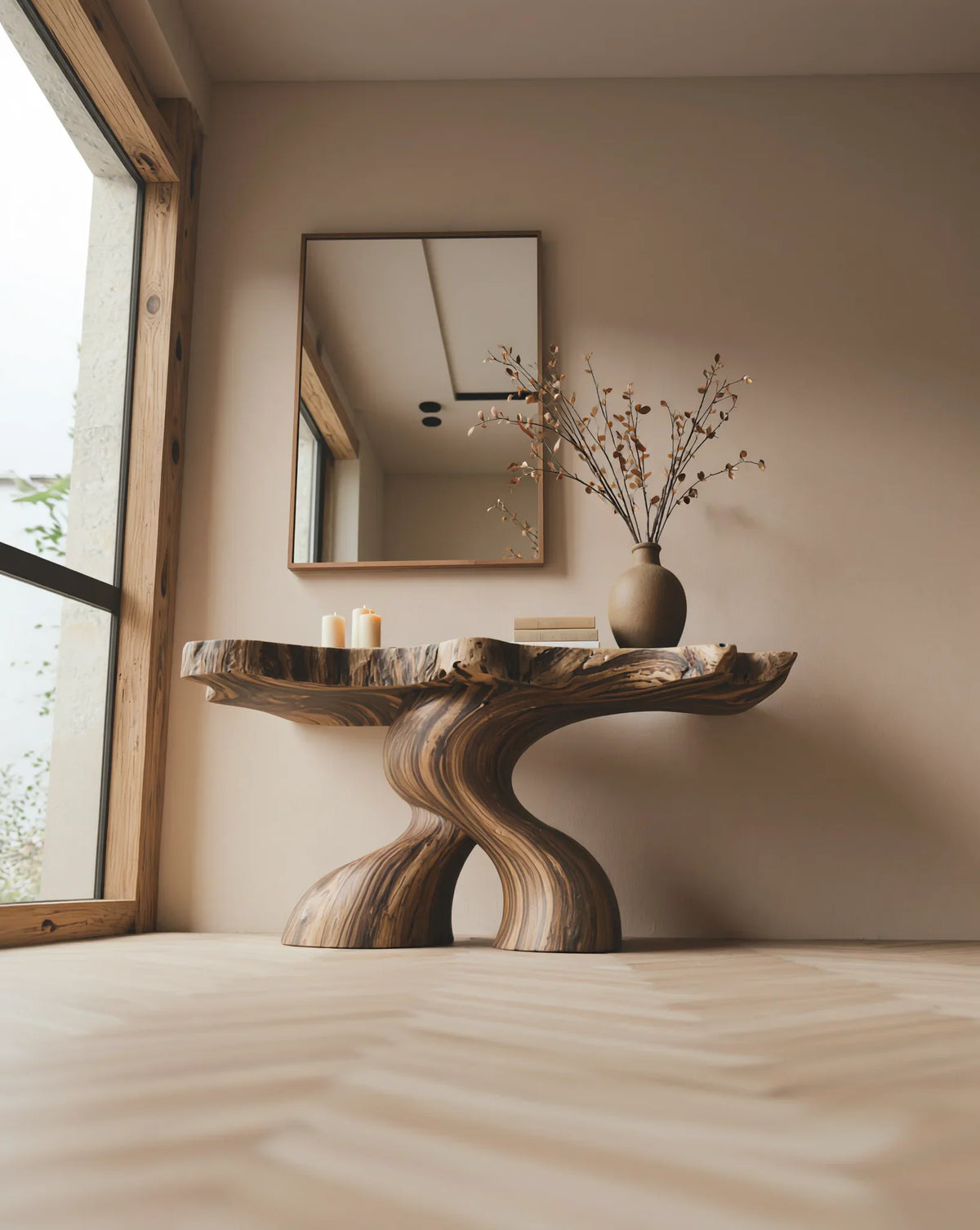 Live edge solid wood console table with sculpted base, vase, and candles in modern interior