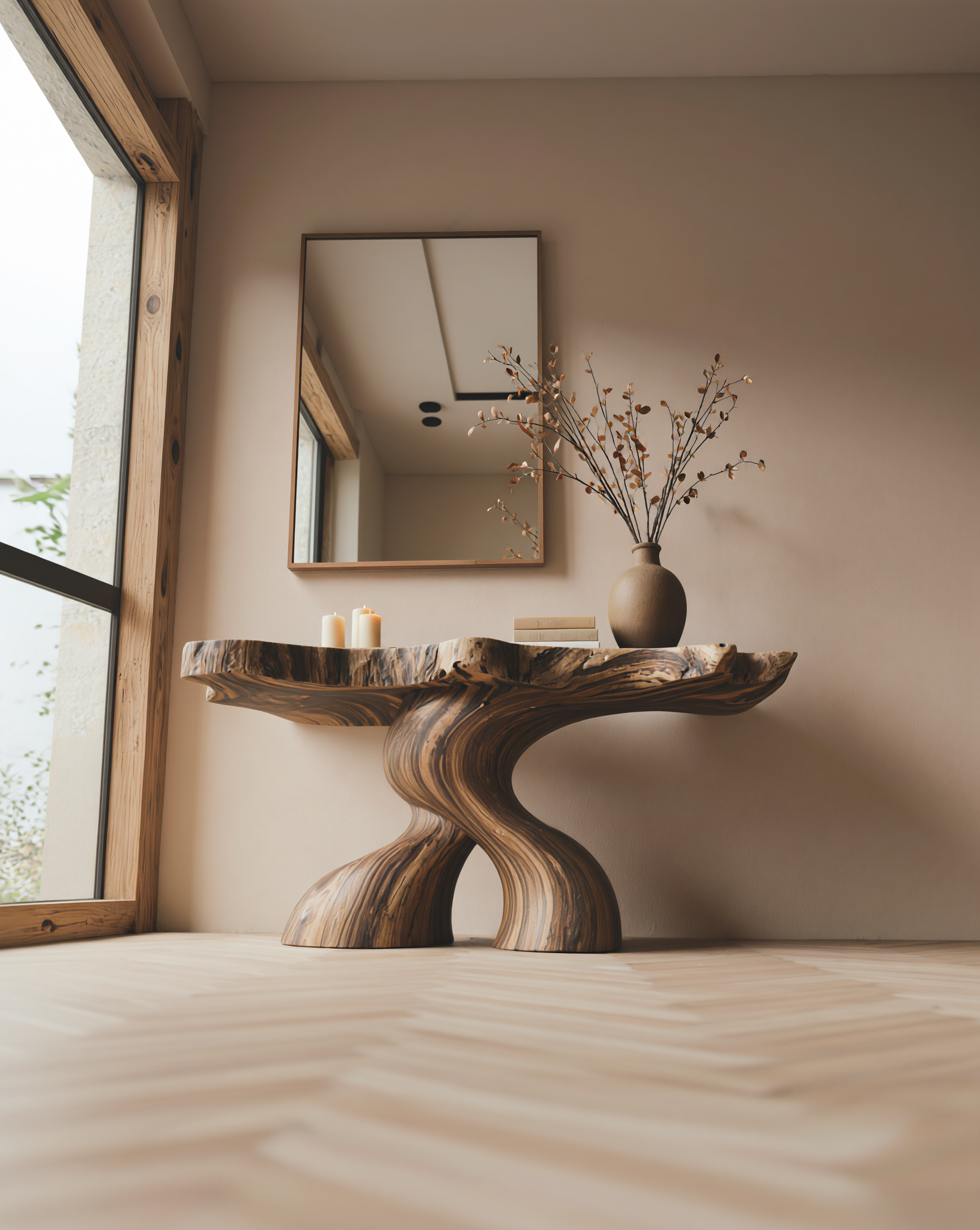 Live edge solid wood console table with sculpted base, vase, and candles in modern interior