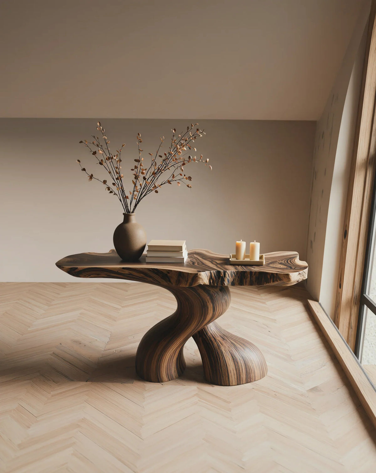 Live edge solid wood table with sculptural base, vase, books, and candles in modern room