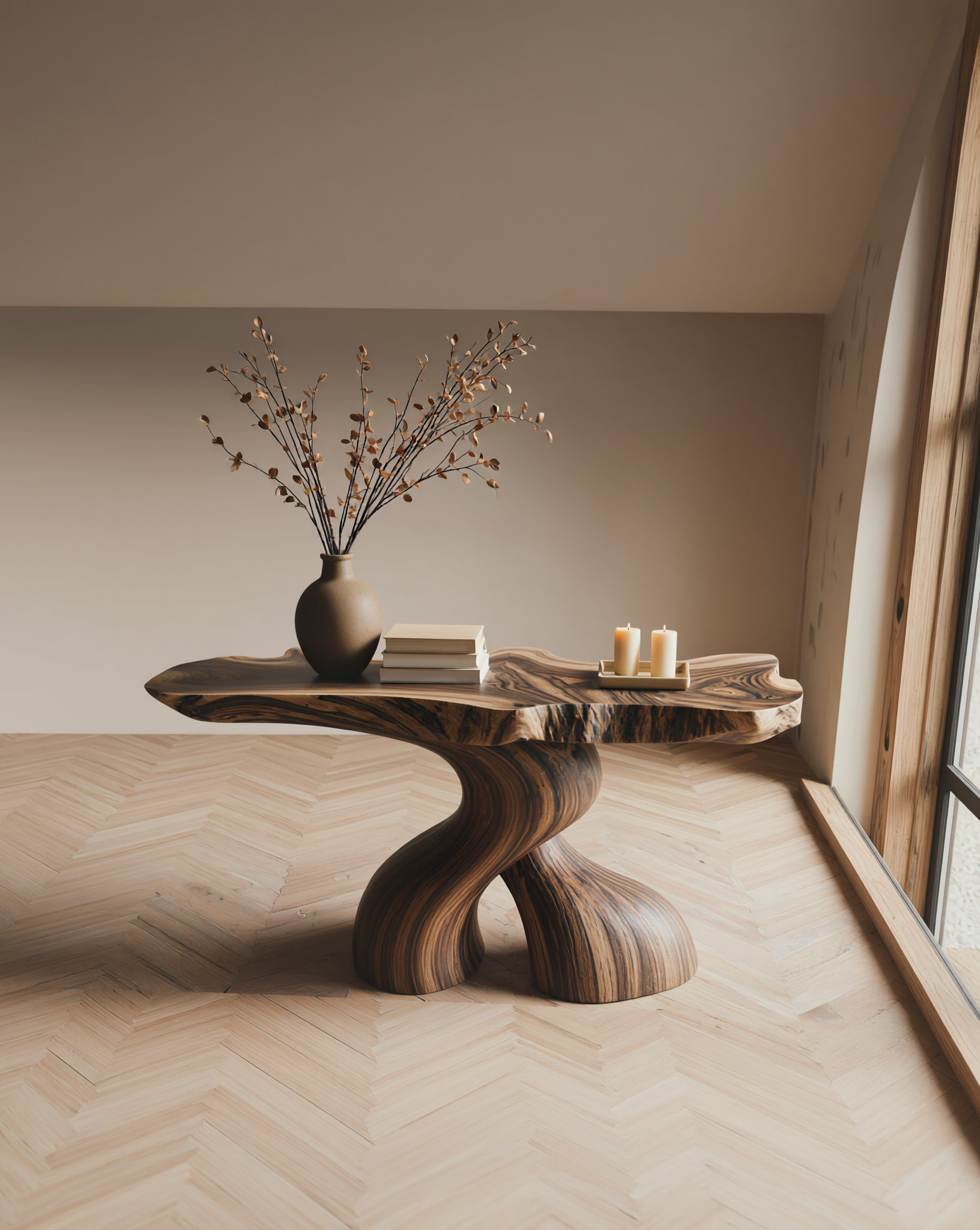 Live edge solid wood table with sculptural base, vase, books, and candles in modern room