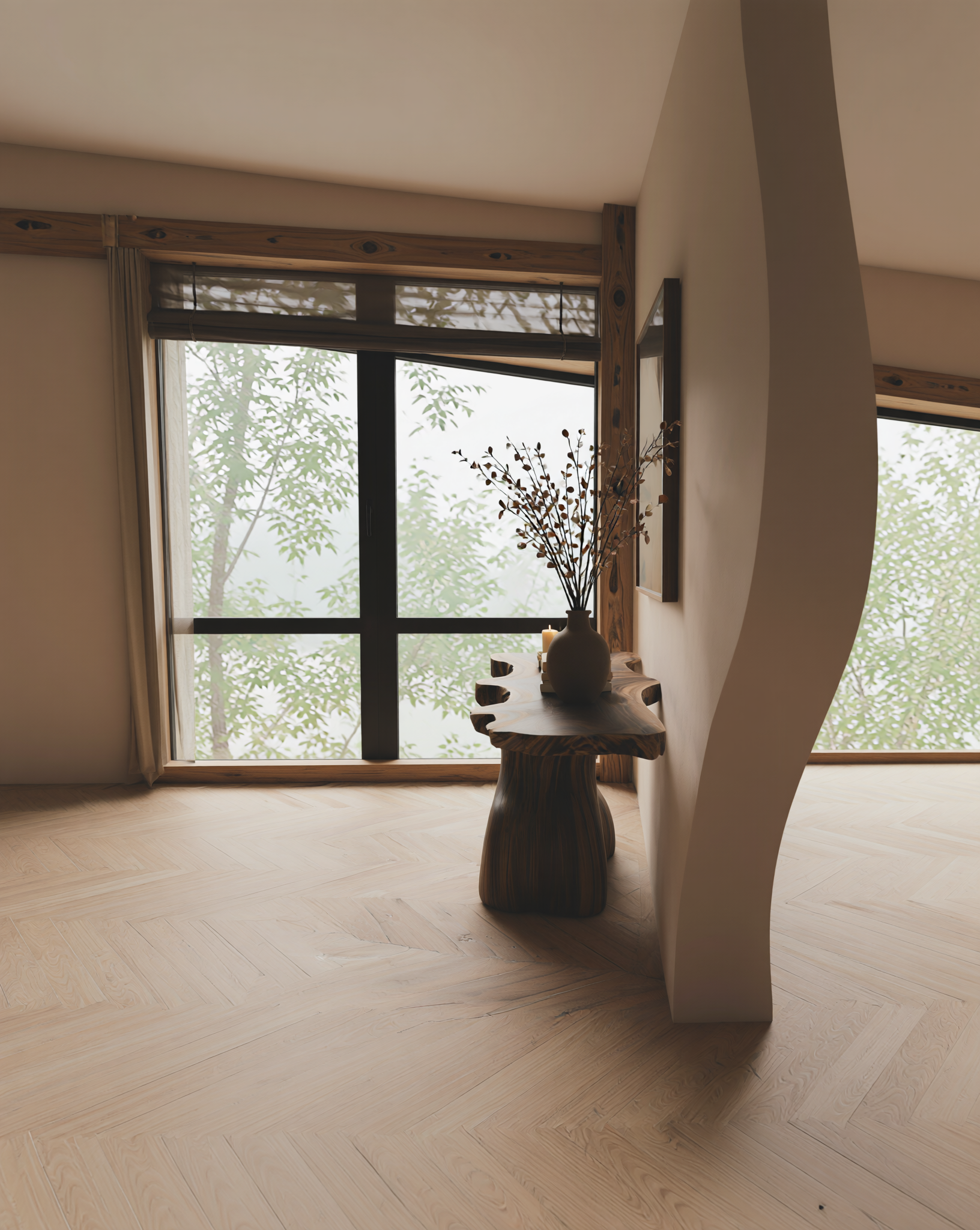 Solid wood live edge console table in modern room with natural light and minimalist decor.