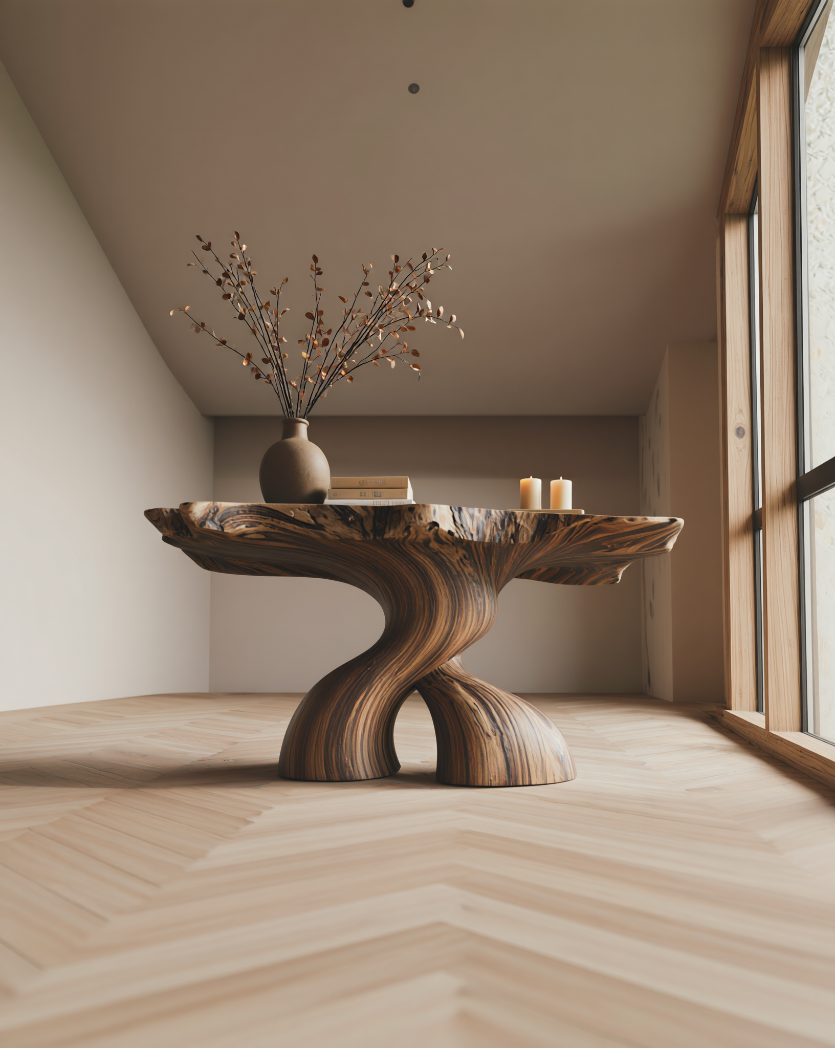 Modern live edge solid wood table with sculpted base, vase, books, and candles in a bright room
