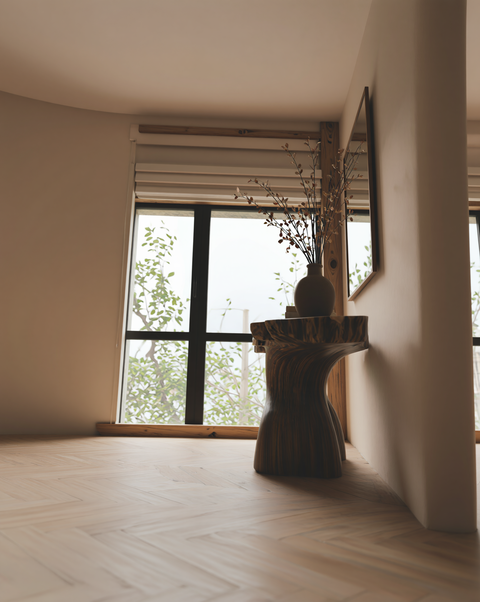 Solid wood live edge side table with vase in modern minimalist room by large window