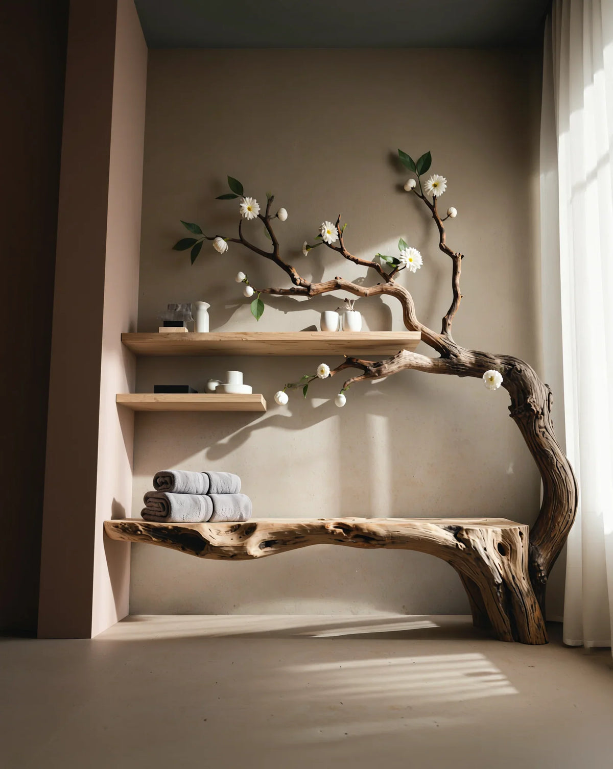 Live edge wood bench and wall-mounted shelves with decorative tree branch and flowers