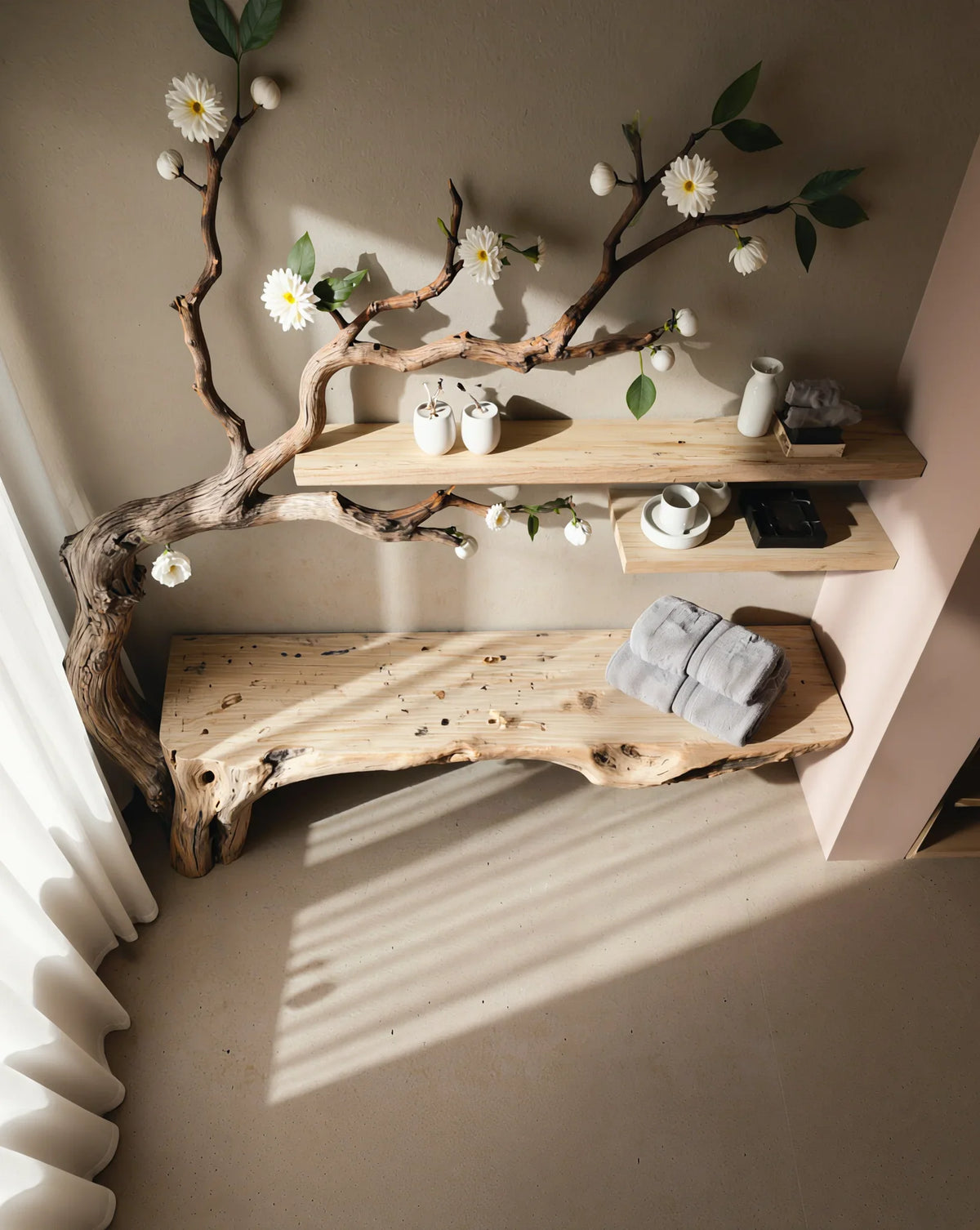 Live edge wooden bench and floating shelves with decorative branch and flowers in sunlit room