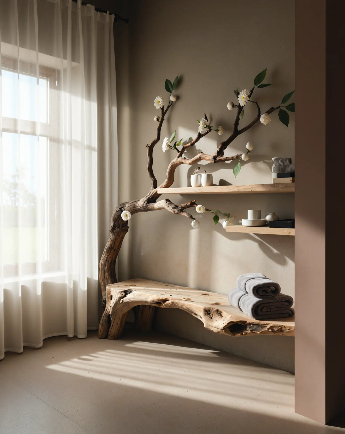 Live edge wooden bench with sculpted tree bookshelf, home decor and folded towels by window