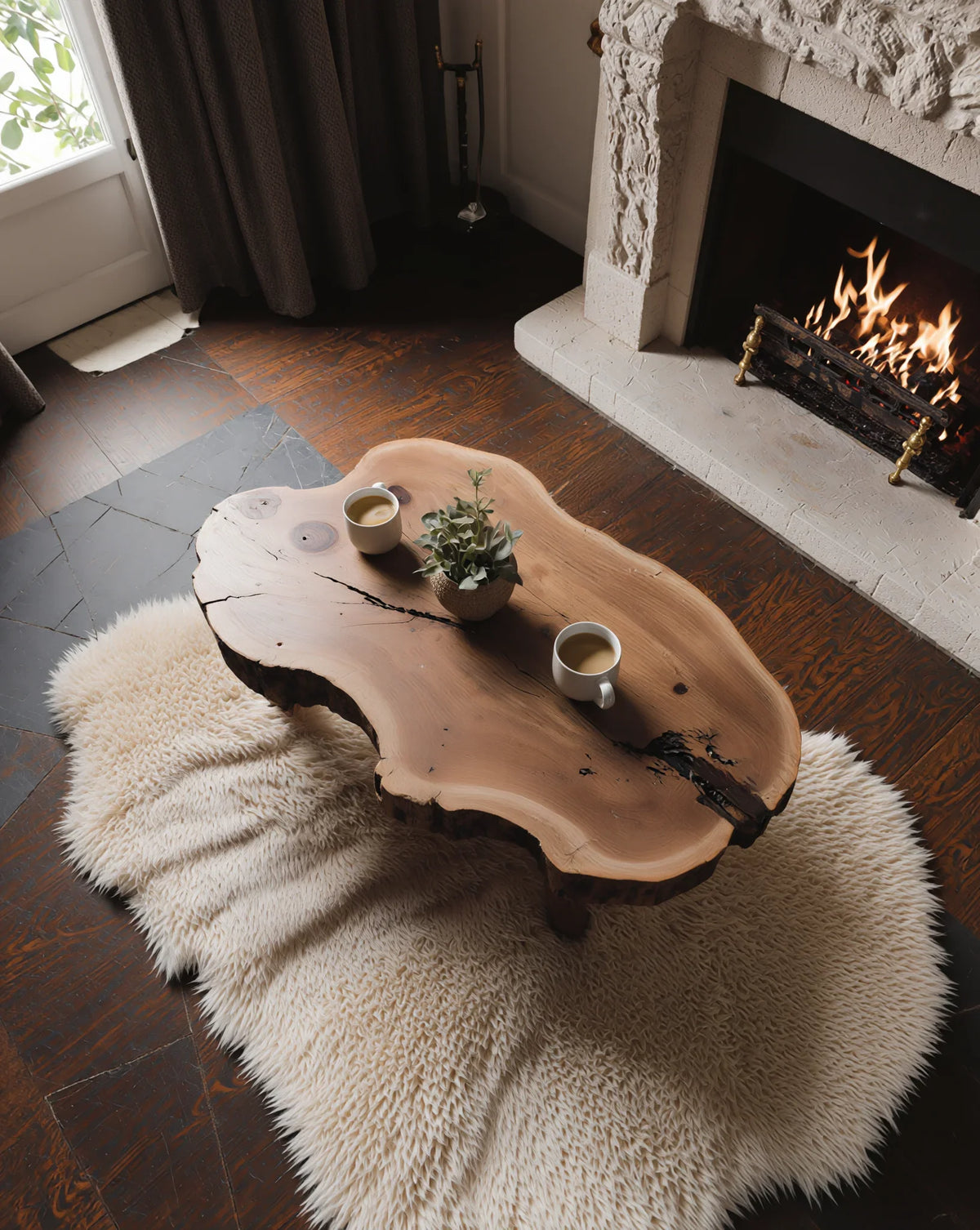 Live edge solid wood coffee table on a fluffy rug by a fireplace, cozy living room setting.