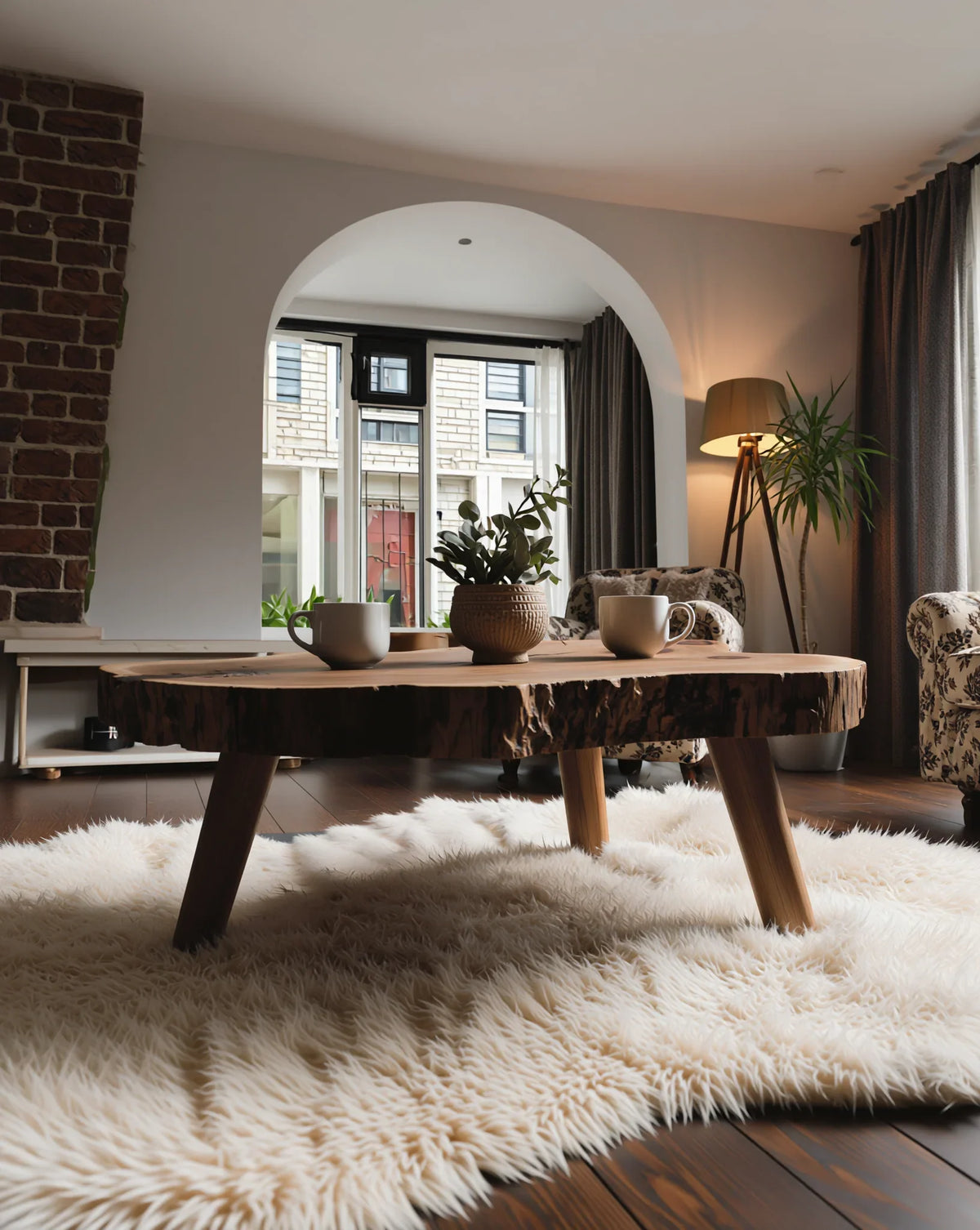 Live edge solid wood coffee table on a plush rug in a cozy living room with natural light