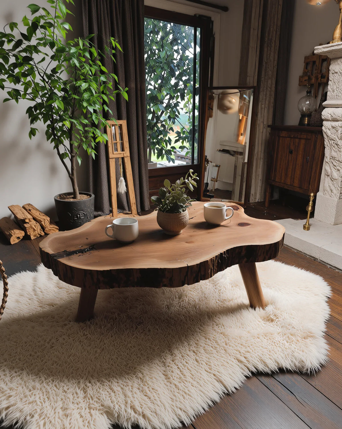 Live edge wood coffee table on a fluffy rug in cozy living room with plants and natural light