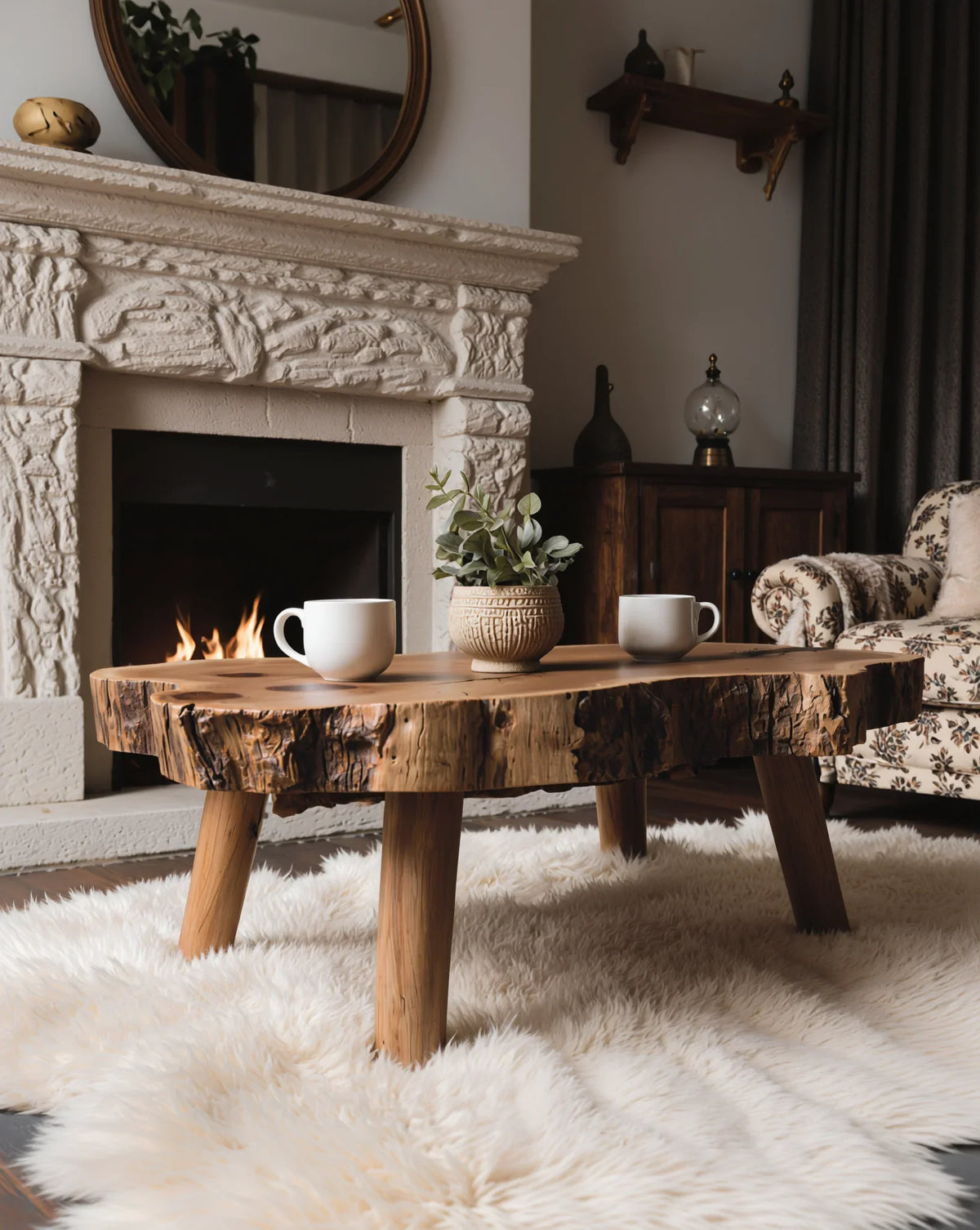 Live edge solid wood coffee table in cozy living room with fireplace and mugs