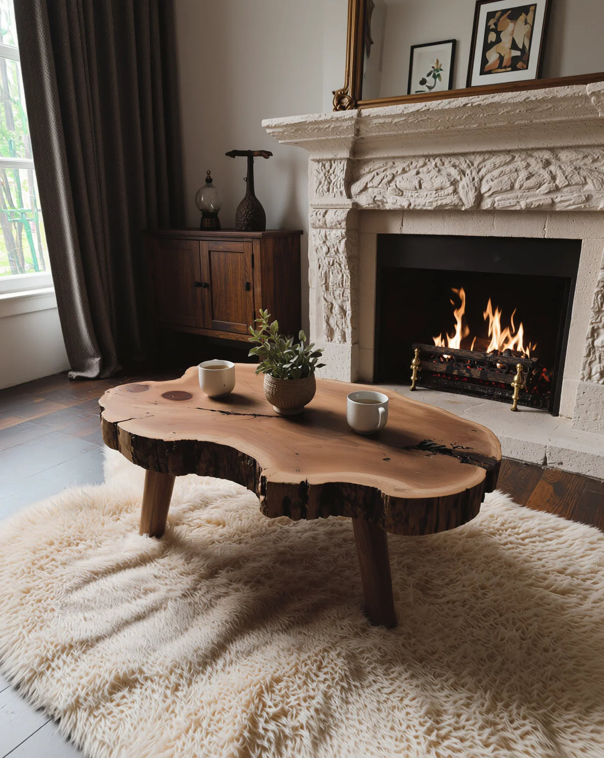 Live edge solid wood coffee table on shag rug in cozy living room with fireplace