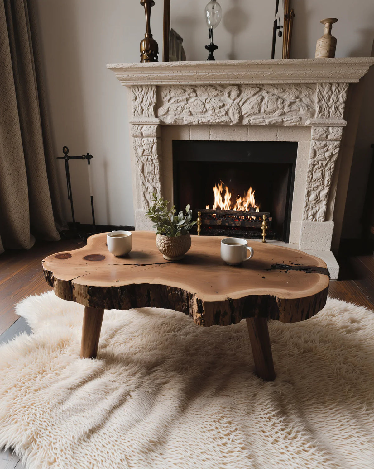 Live edge solid wood coffee table on faux fur rug in front of a fireplace, cozy decor