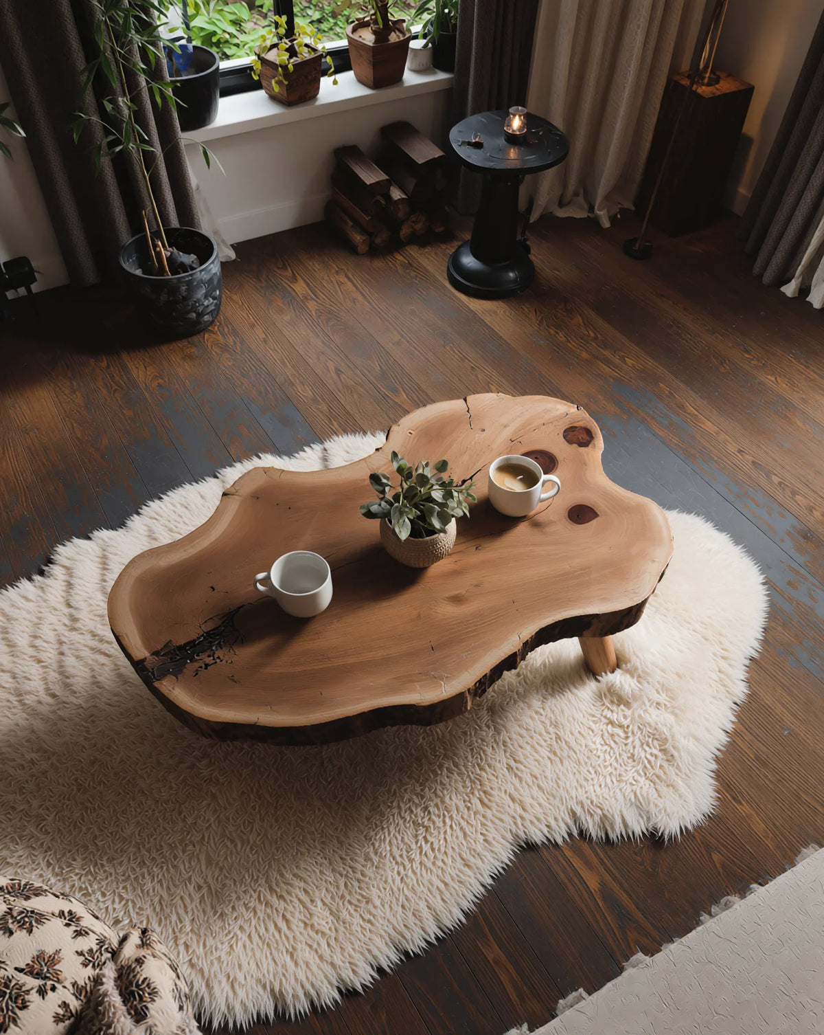 Live edge solid wood coffee table on fluffy rug in cozy living room with plants.