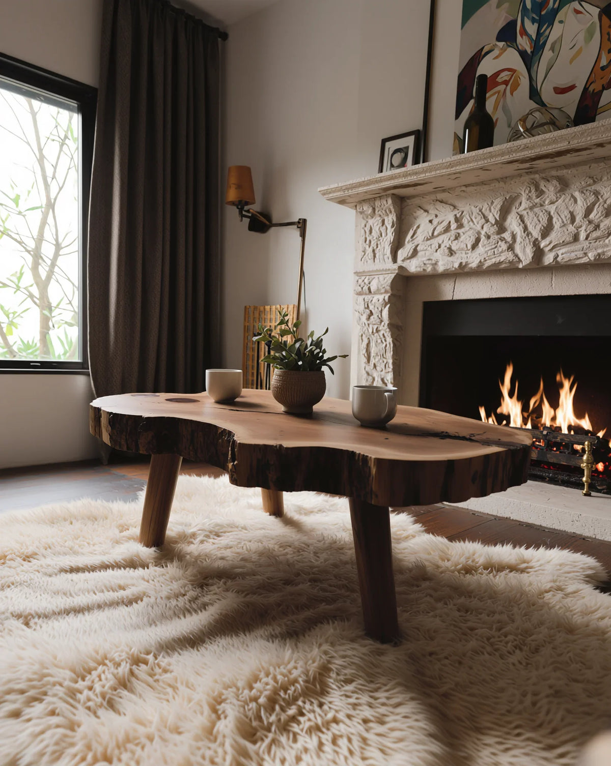 Live edge solid wood coffee table on fluffy rug beside fireplace in cozy living room