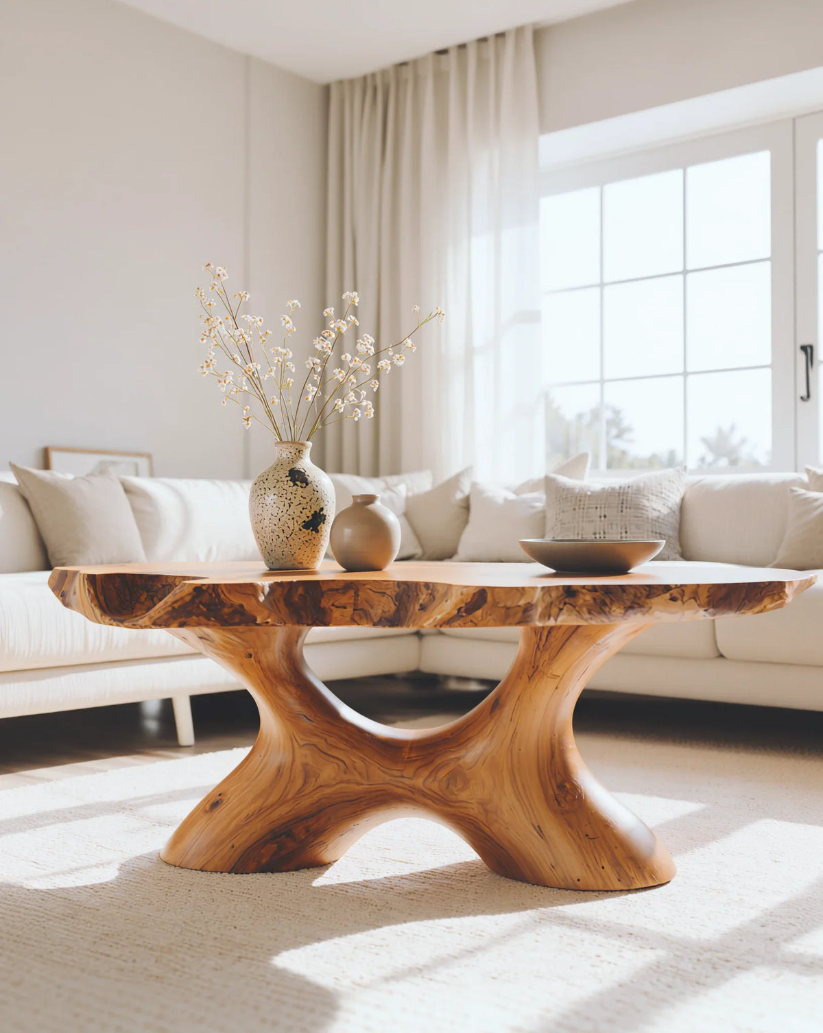 Live edge solid wood coffee table with unique sculpted base in modern living room