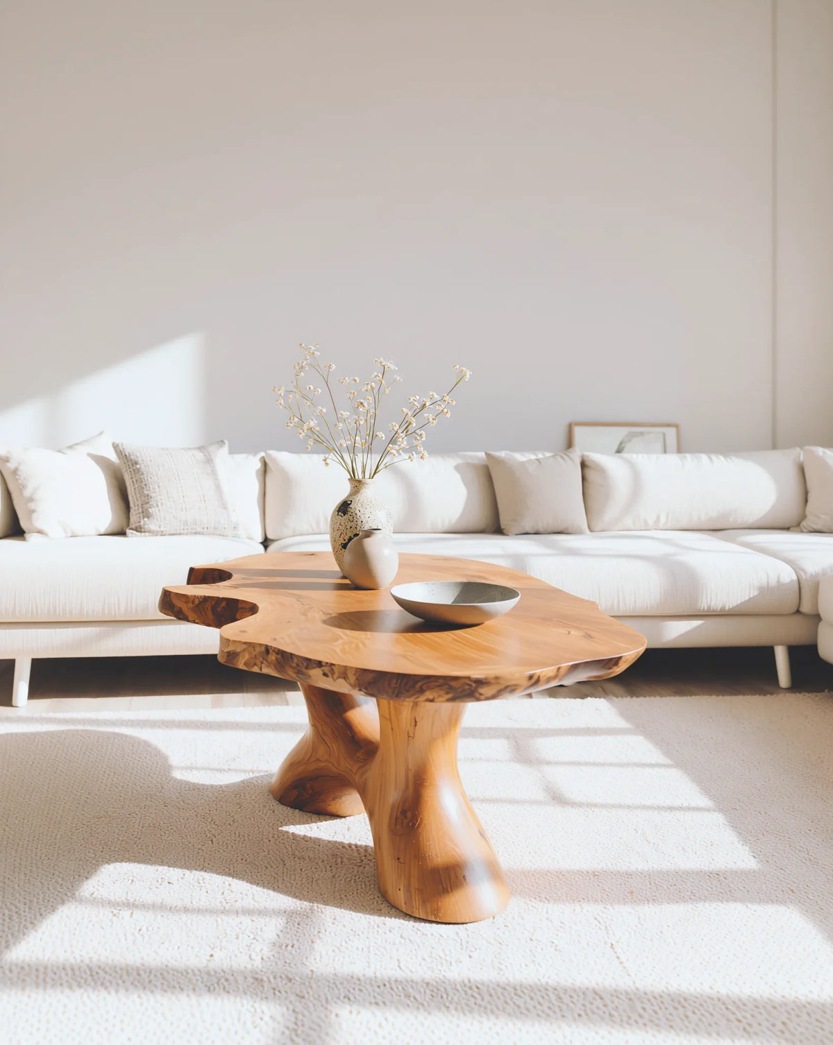 Live edge solid wood coffee table in bright modern living room with neutral sofa