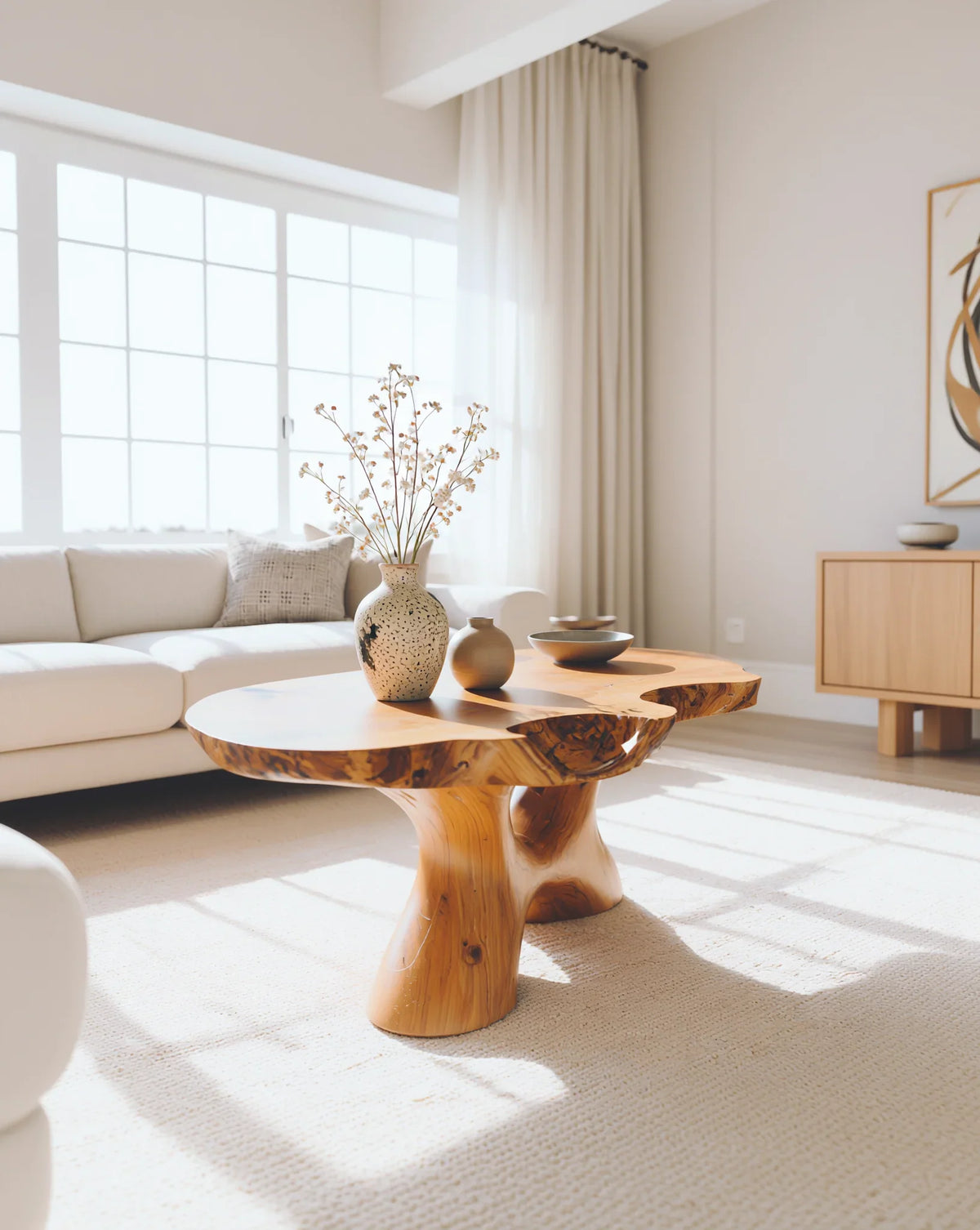 Live edge solid wood coffee table in modern sunlit living room with neutral decor