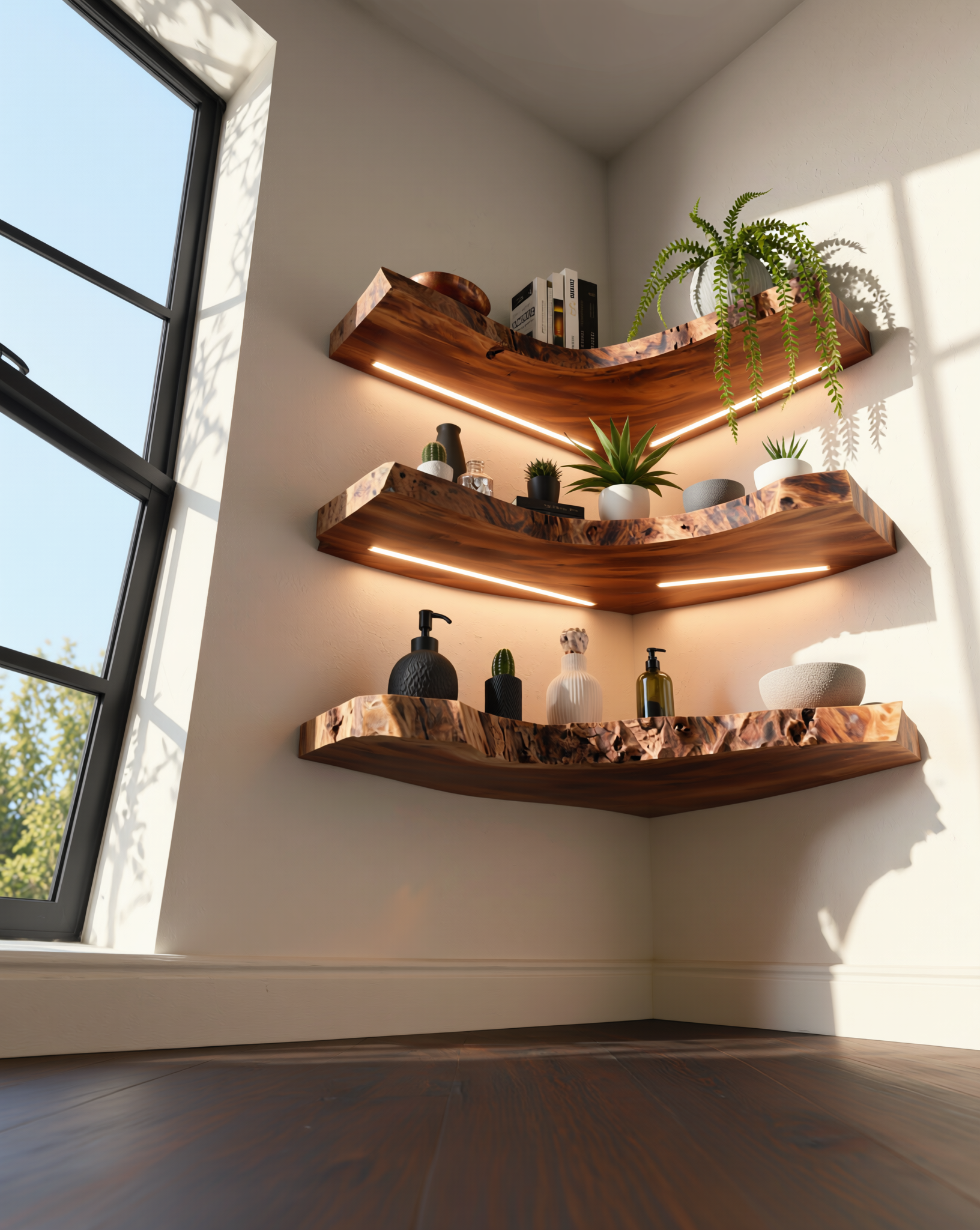 Live edge floating wood corner shelves with LED lights, decorated with plants and decor