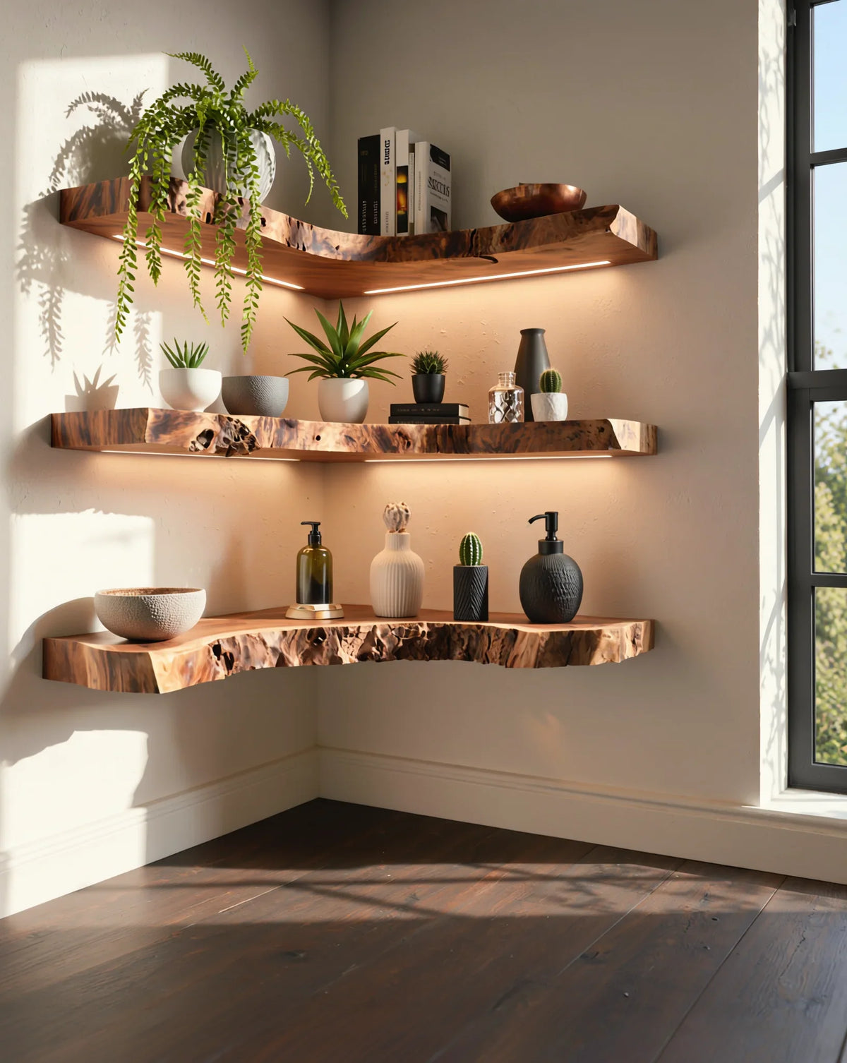 Live edge solid wood floating corner shelves with LED lighting, decorated with plants and books