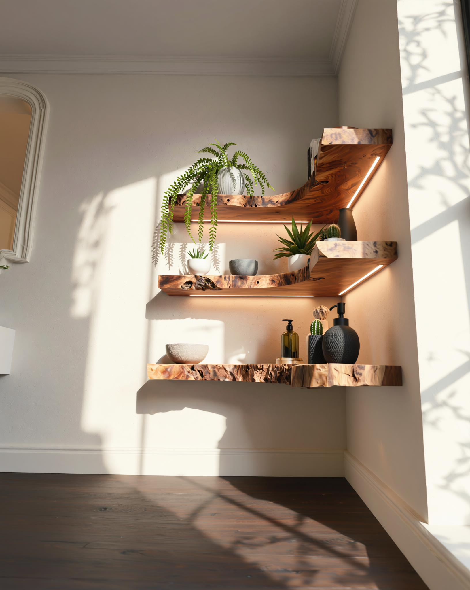Live edge solid wood floating shelves with plants and decor in sunlit modern interior
