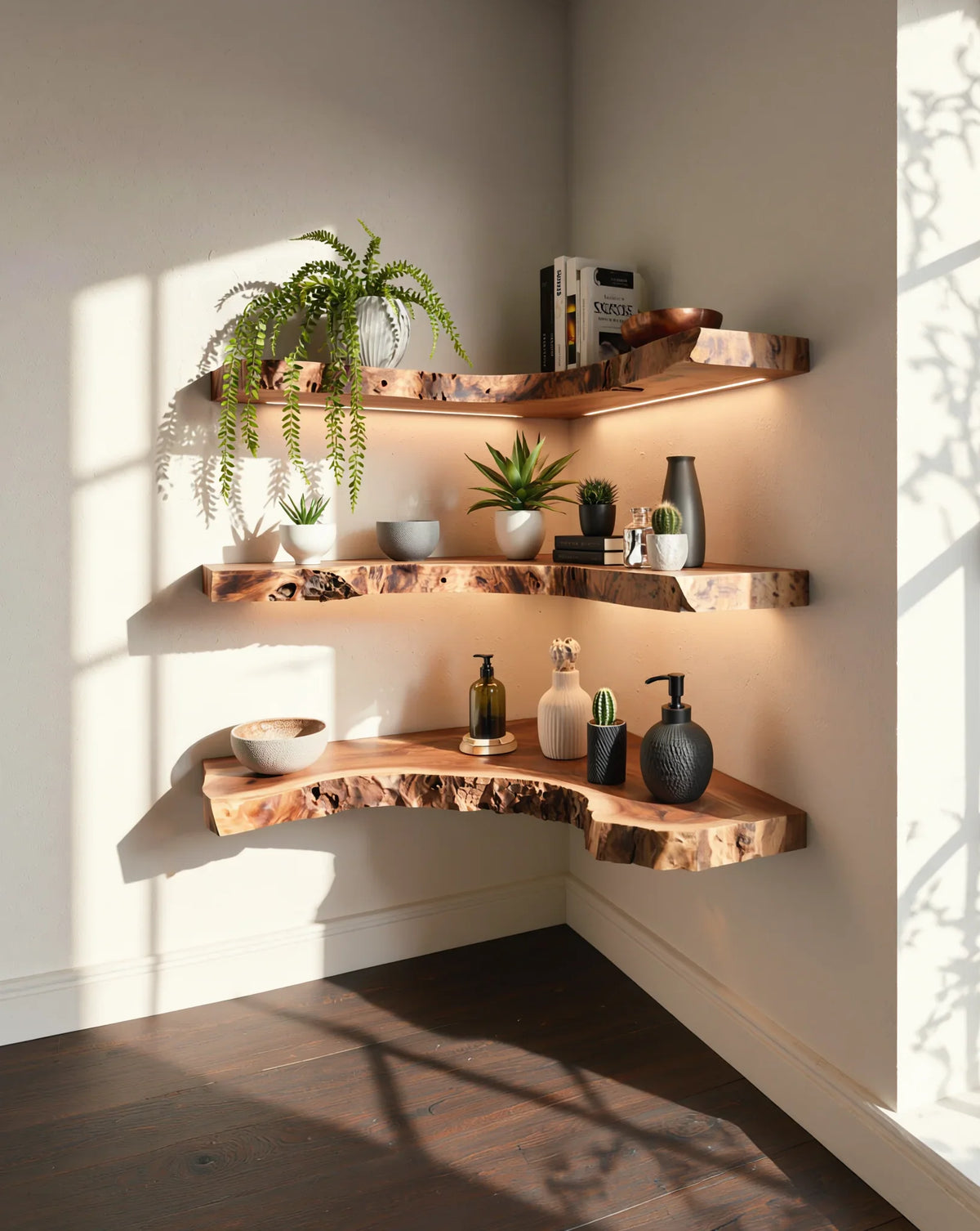 Live edge wooden floating corner shelves with plants, decor, and books in natural light.