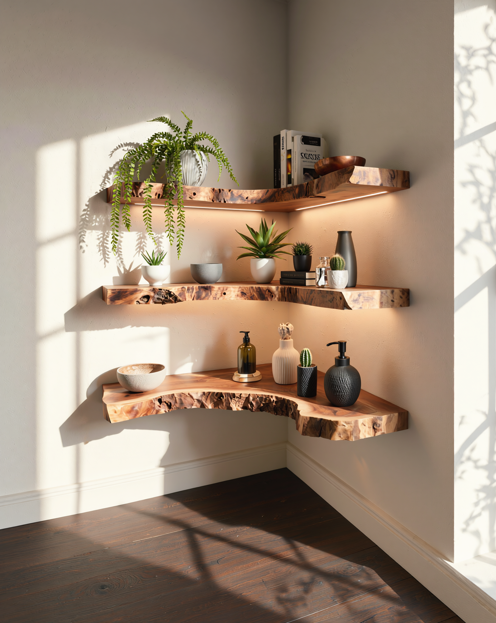 Live edge wooden floating corner shelves with plants, decor, and books in natural light.