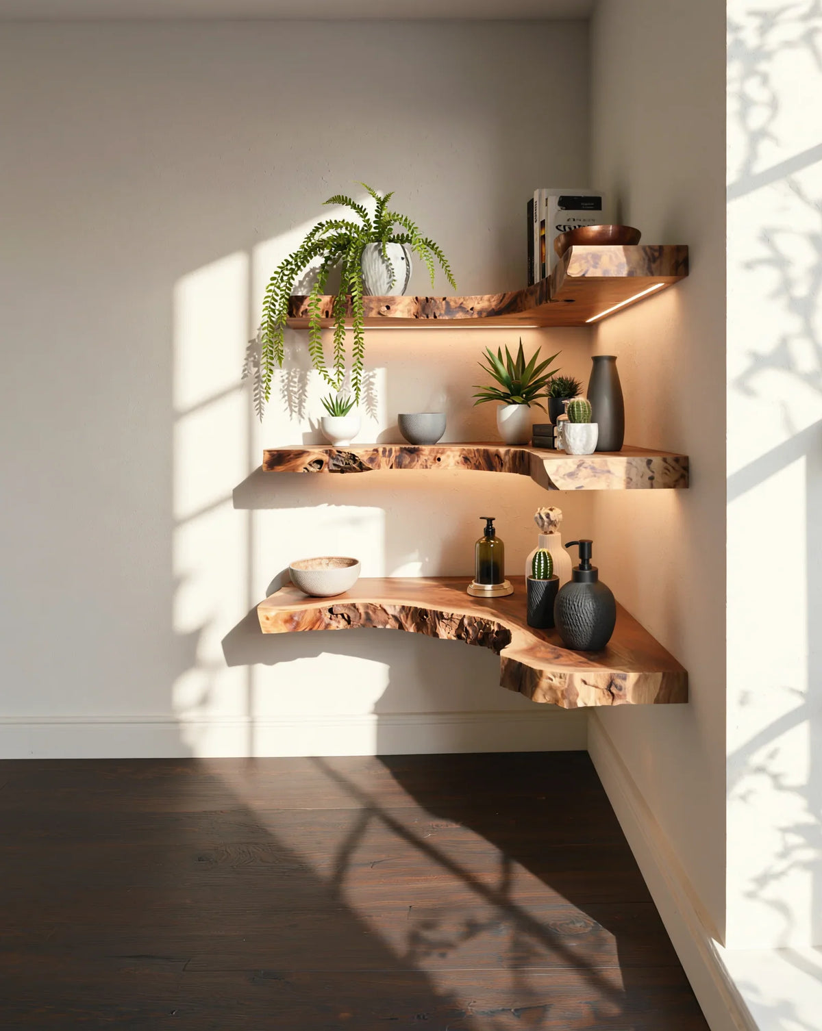Live edge floating wood shelves with potted plants, decor, and books in sunlit corner.