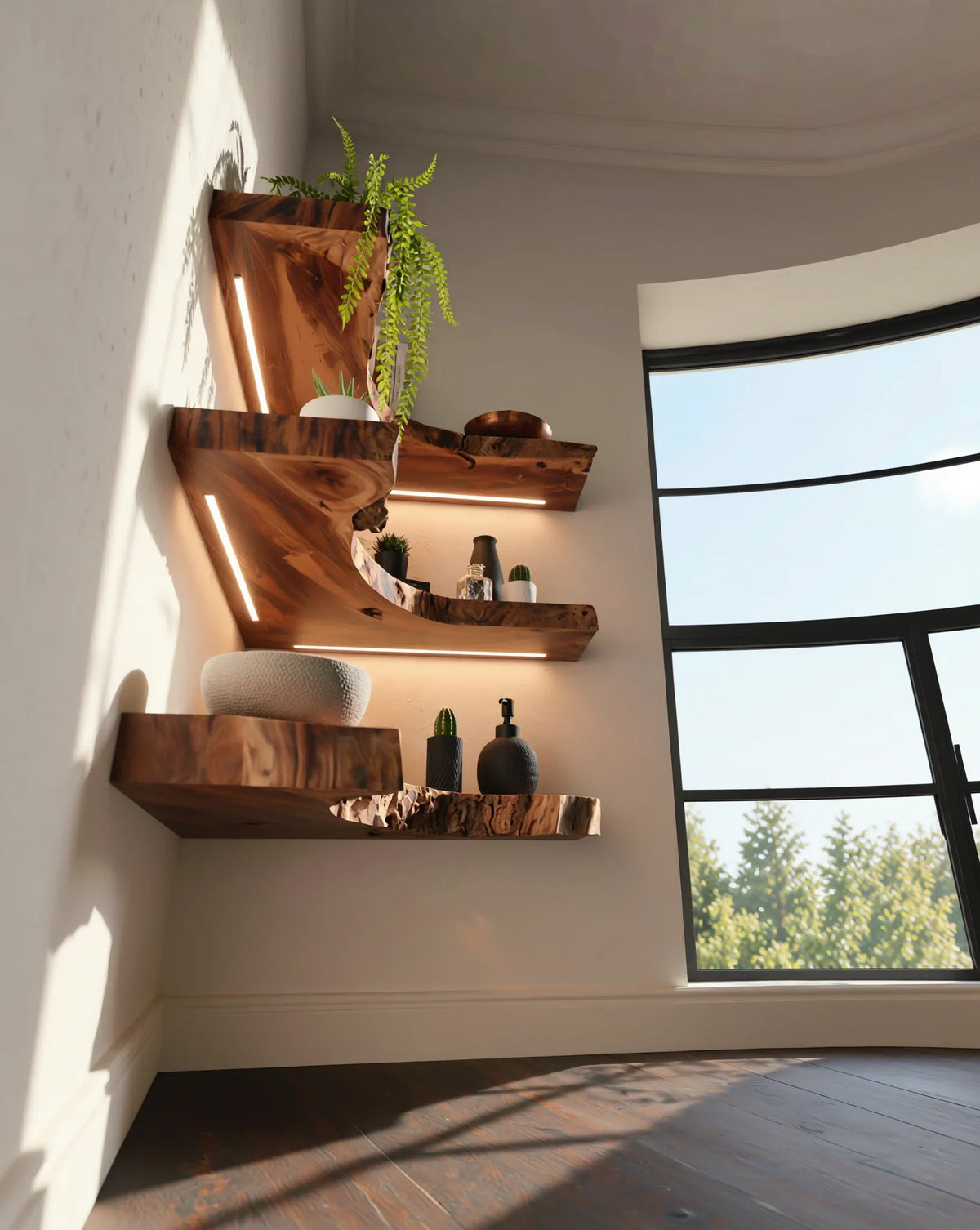 Live edge floating wood shelves with plants and decor, modern natural interior, sunlight, window view