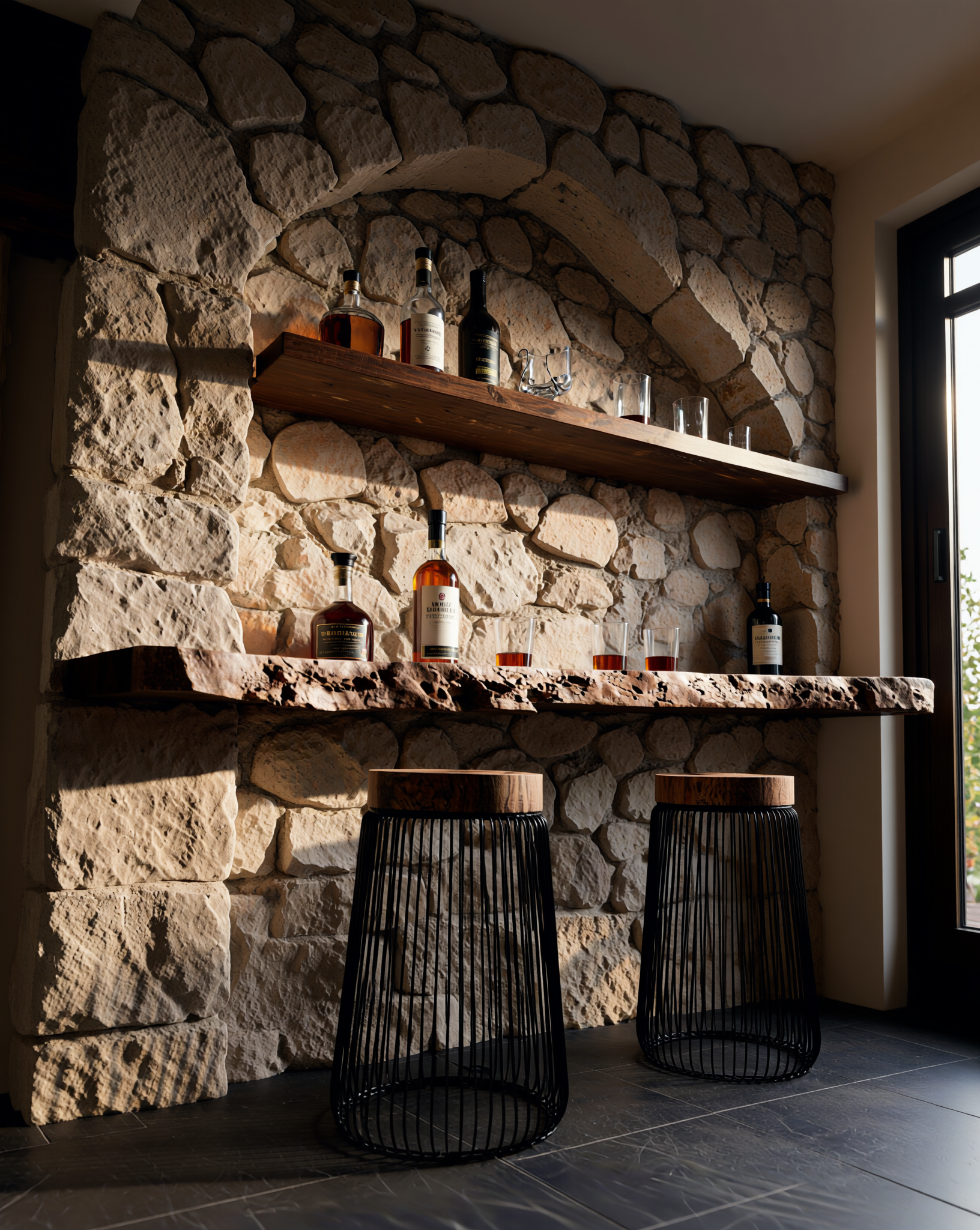 Live edge solid wood bar shelves with liquor bottles and modern bar stools against a stone wall