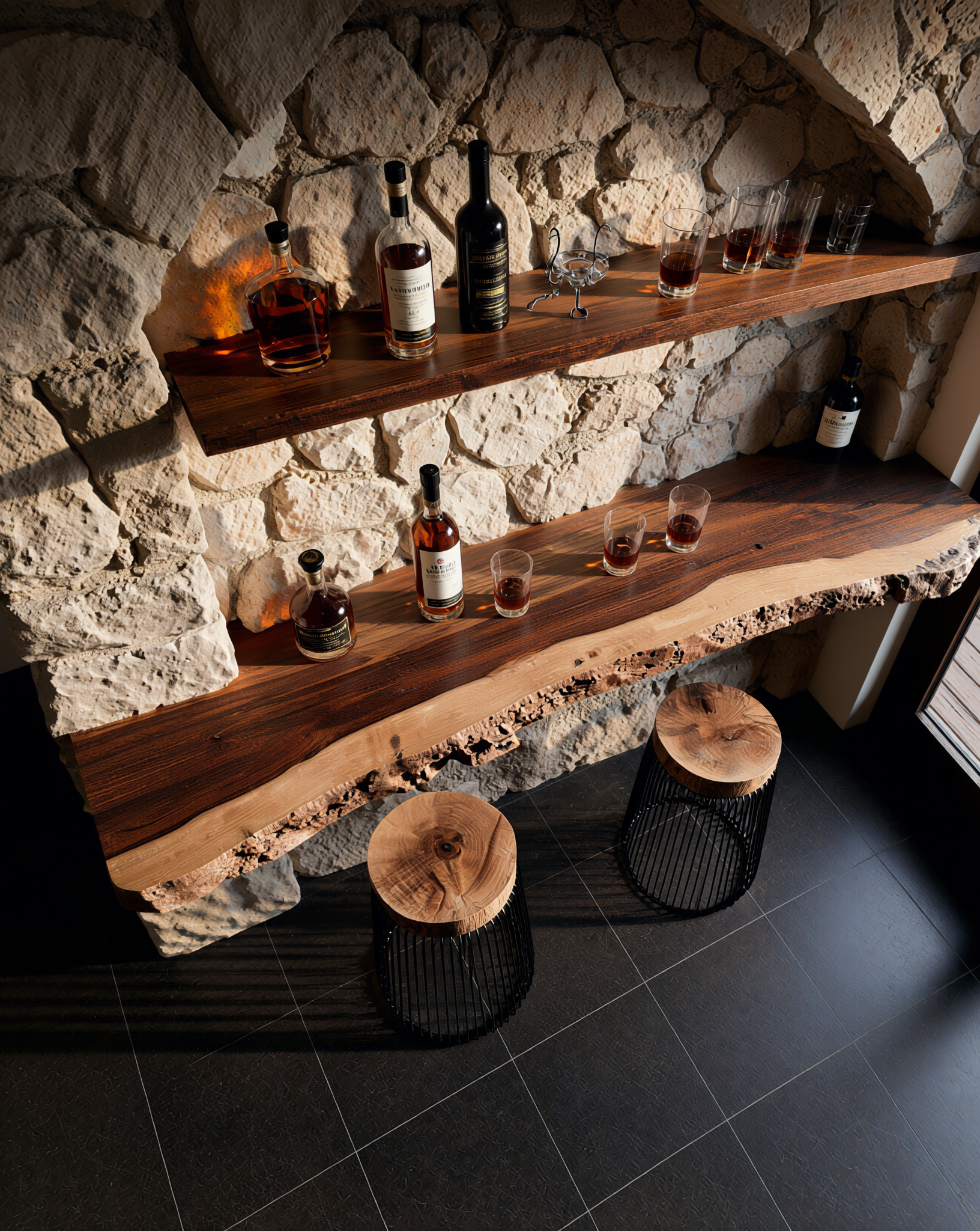 Live edge solid wood bar shelves on stone wall with bottles, glasses and rustic stools
