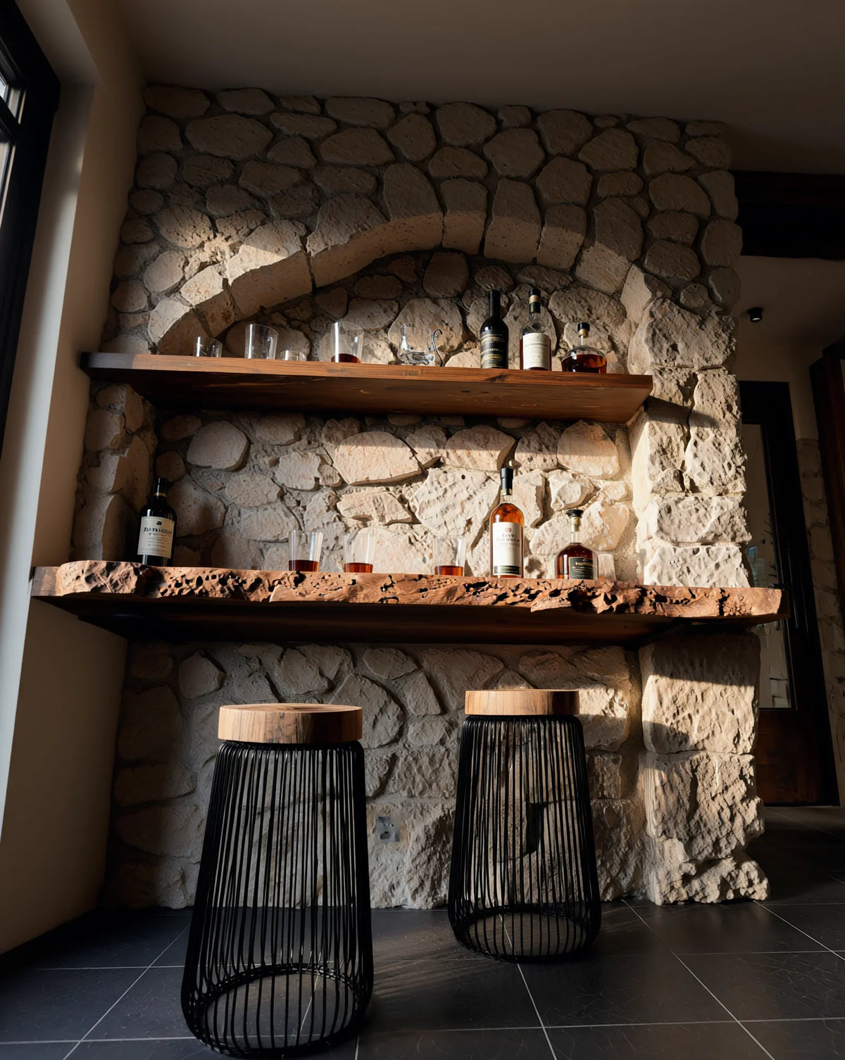 Live edge wood floating shelves and modern bar stools against a rustic stone wall