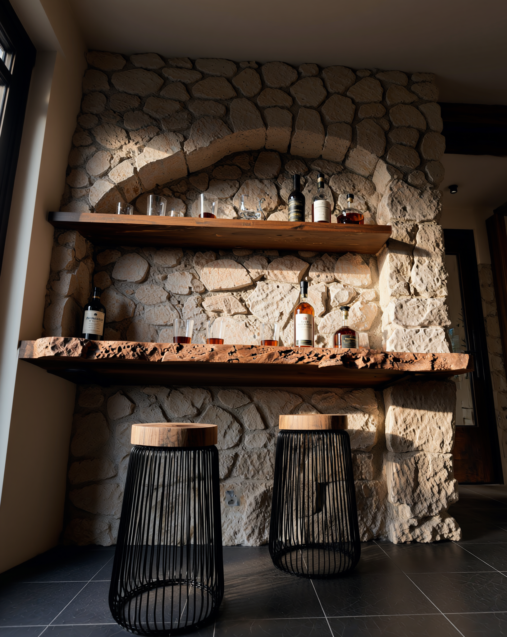 Live edge wood floating shelves and modern bar stools against a rustic stone wall