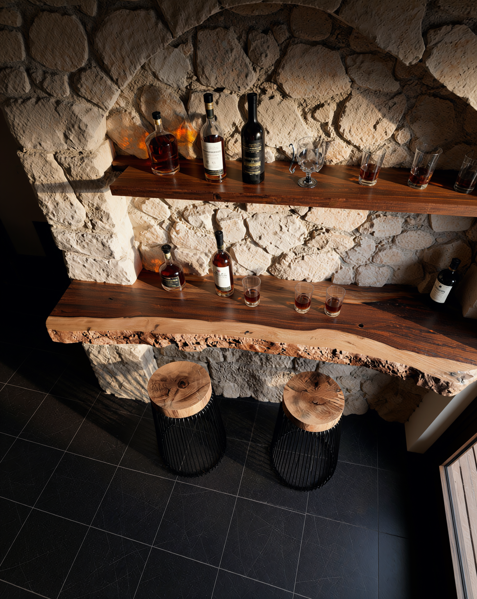 Live edge wood bar shelves and stools against rustic stone wall, with bottles and glasses
