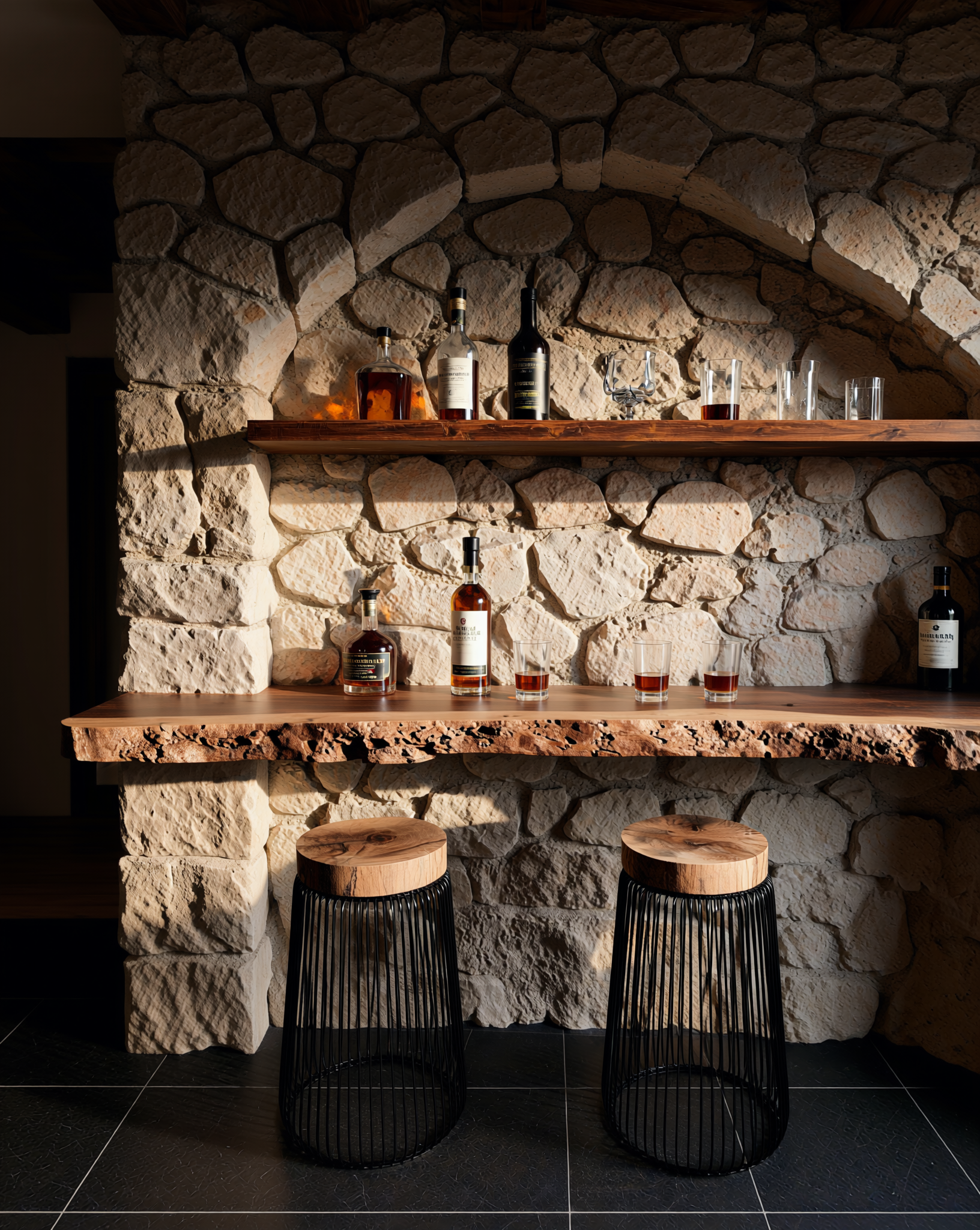 Live edge wood bar with matching stools and shelves on a rustic stone wall, featuring bottles and glasses