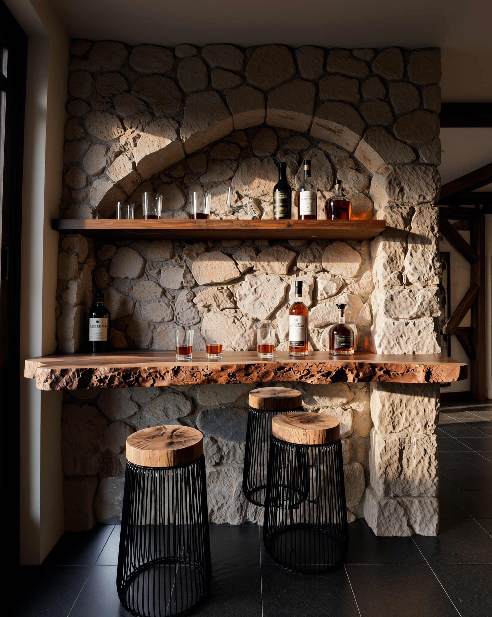 Live edge solid wood bar table with modern wood stools, stone accent wall, and floating shelf.