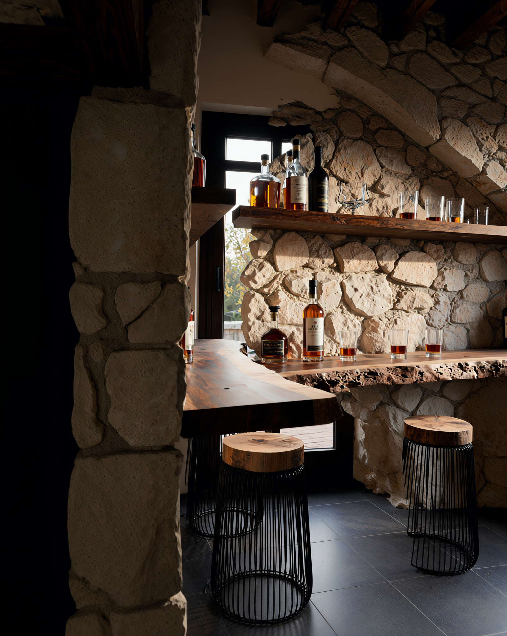 Live edge wood bar table and floating shelf in rustic stone interior with round wood stools