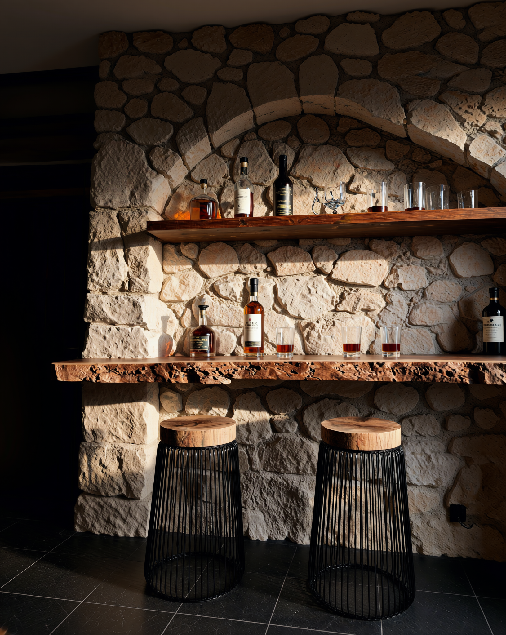 Live edge wood bar shelf with two modern stools against a rustic stone wall, glassware and bottles on display.