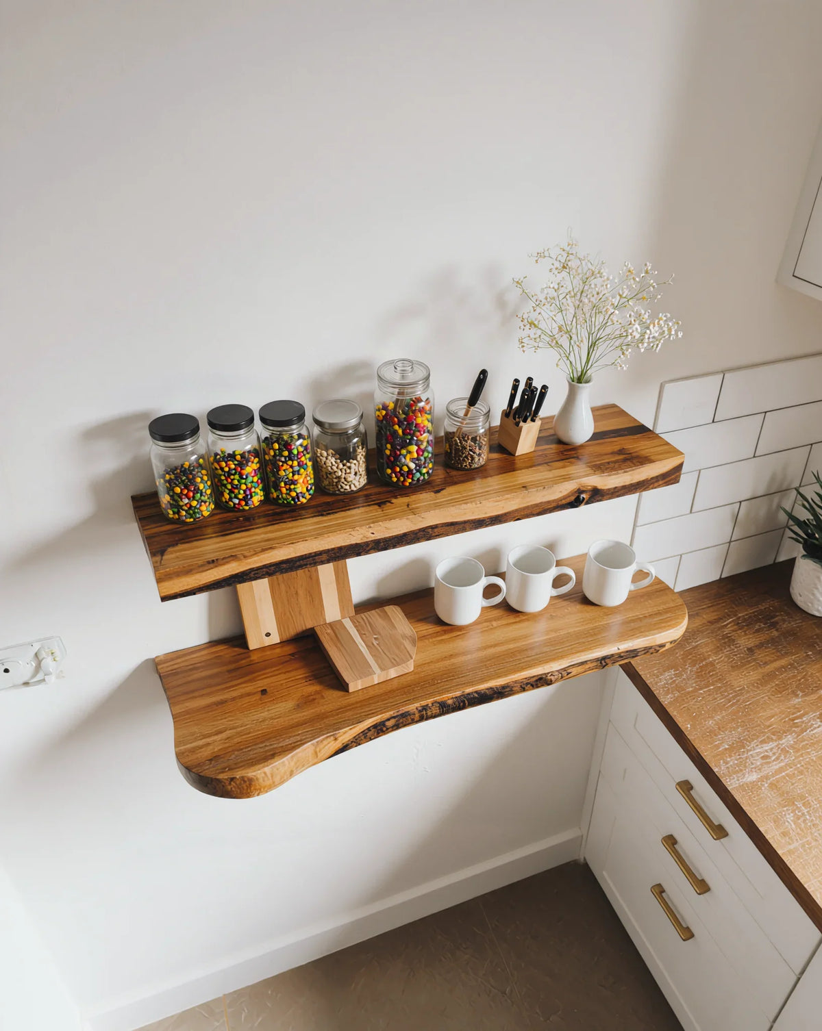 Live edge floating wood shelves in kitchen with jars, mugs, and utensils, modern decor