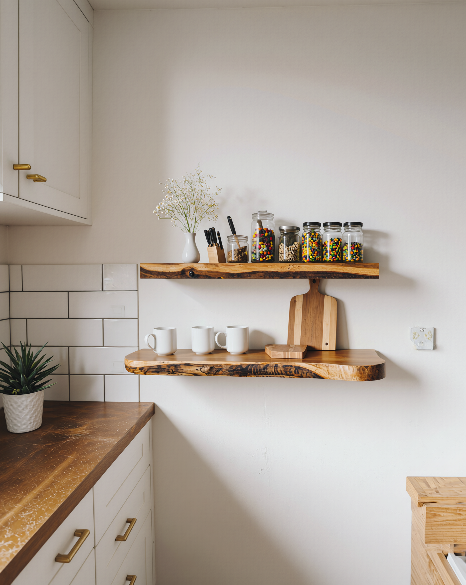 Solid wood live edge floating shelves in kitchen, holding mugs, jars, and decor