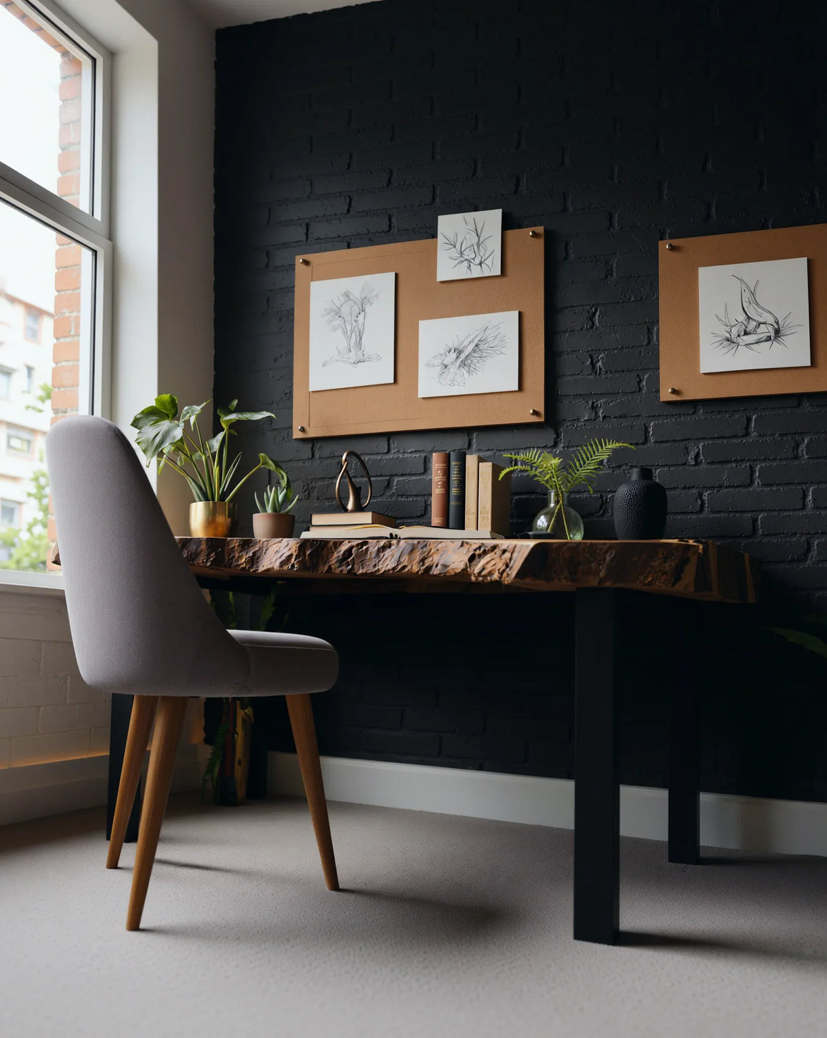 Modern home office with live edge wood desk, grey chair, plants, and black brick accent wall.