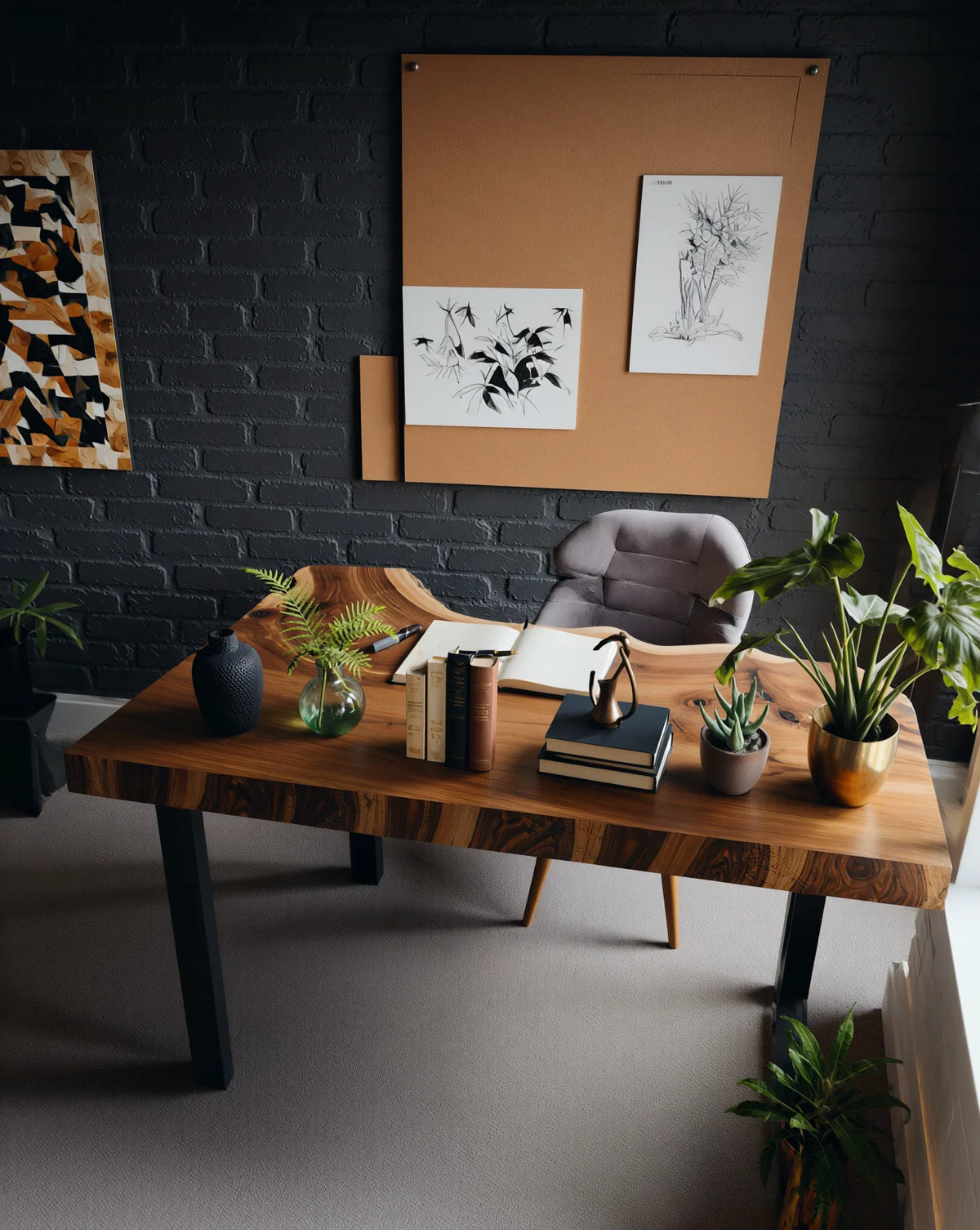 Live edge solid wood desk in modern home office with potted plants and books