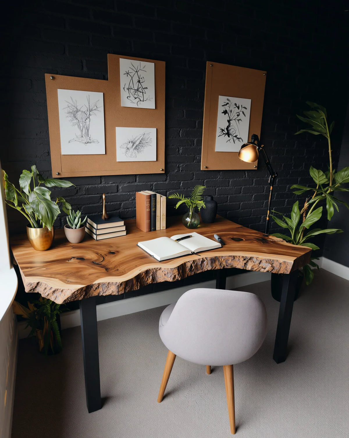 Live edge solid wood desk with plants and books in a modern home office setup