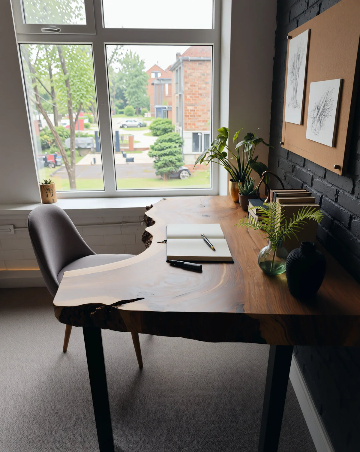 Live edge solid wood desk in modern home office with plants and notebook