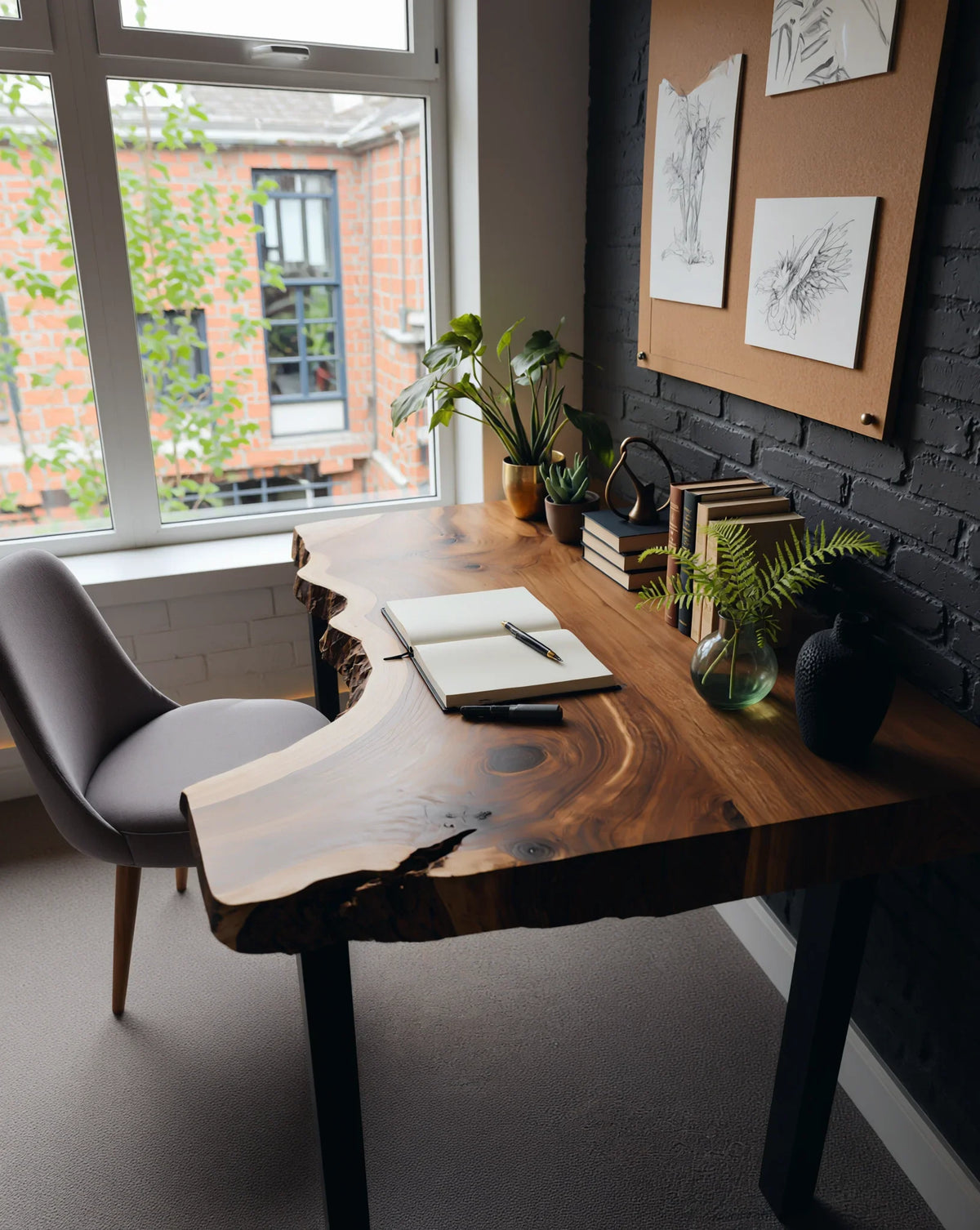 Live edge solid wood desk with books and plants in a modern home office near a large window