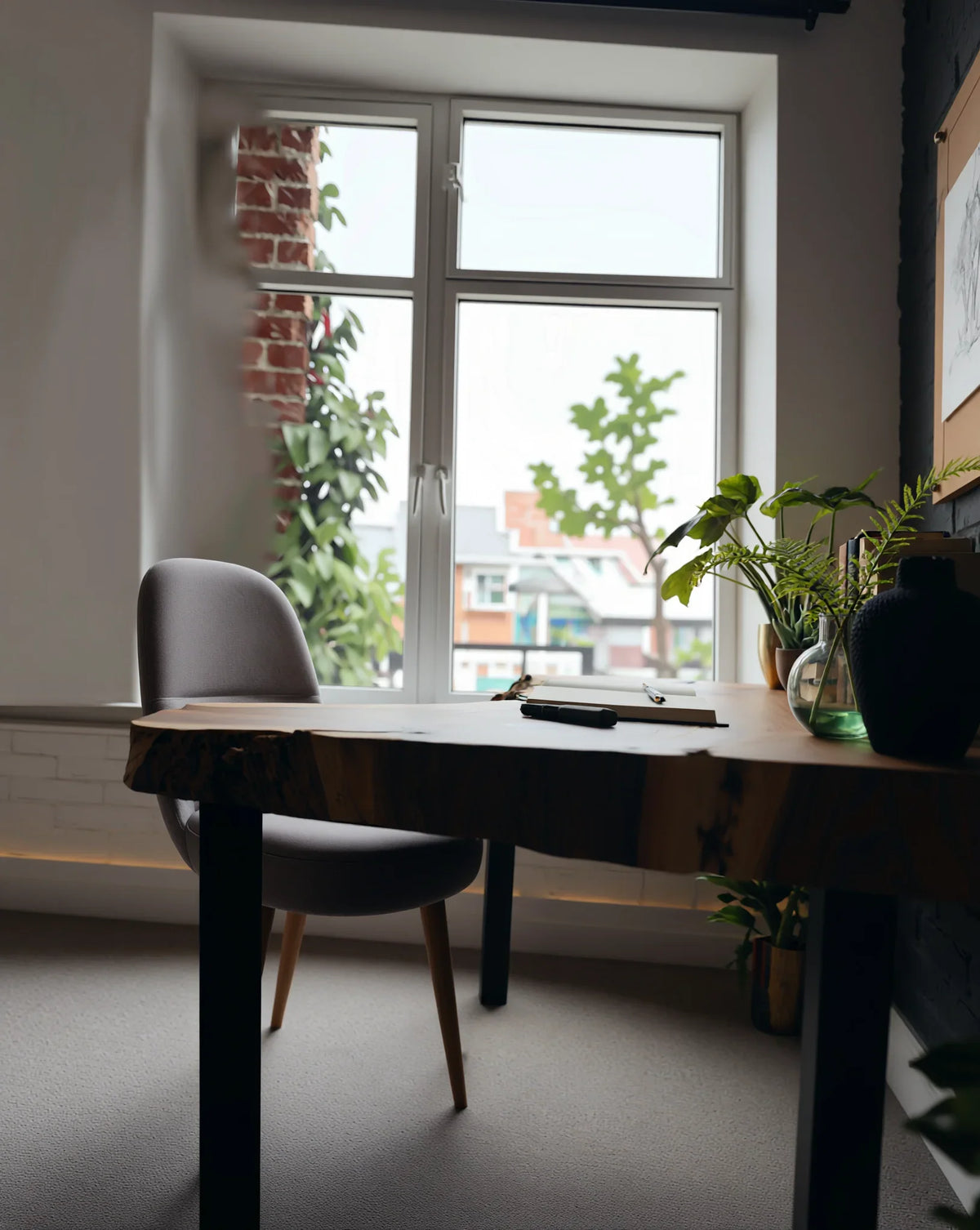 Modern home office with live edge wood desk, gray chair, indoor plants and window view.