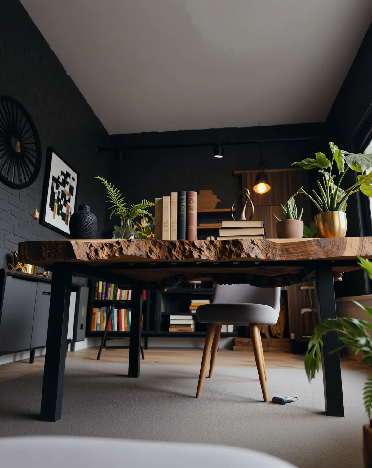 Solid wood live edge table with plants and books in a modern home office setting