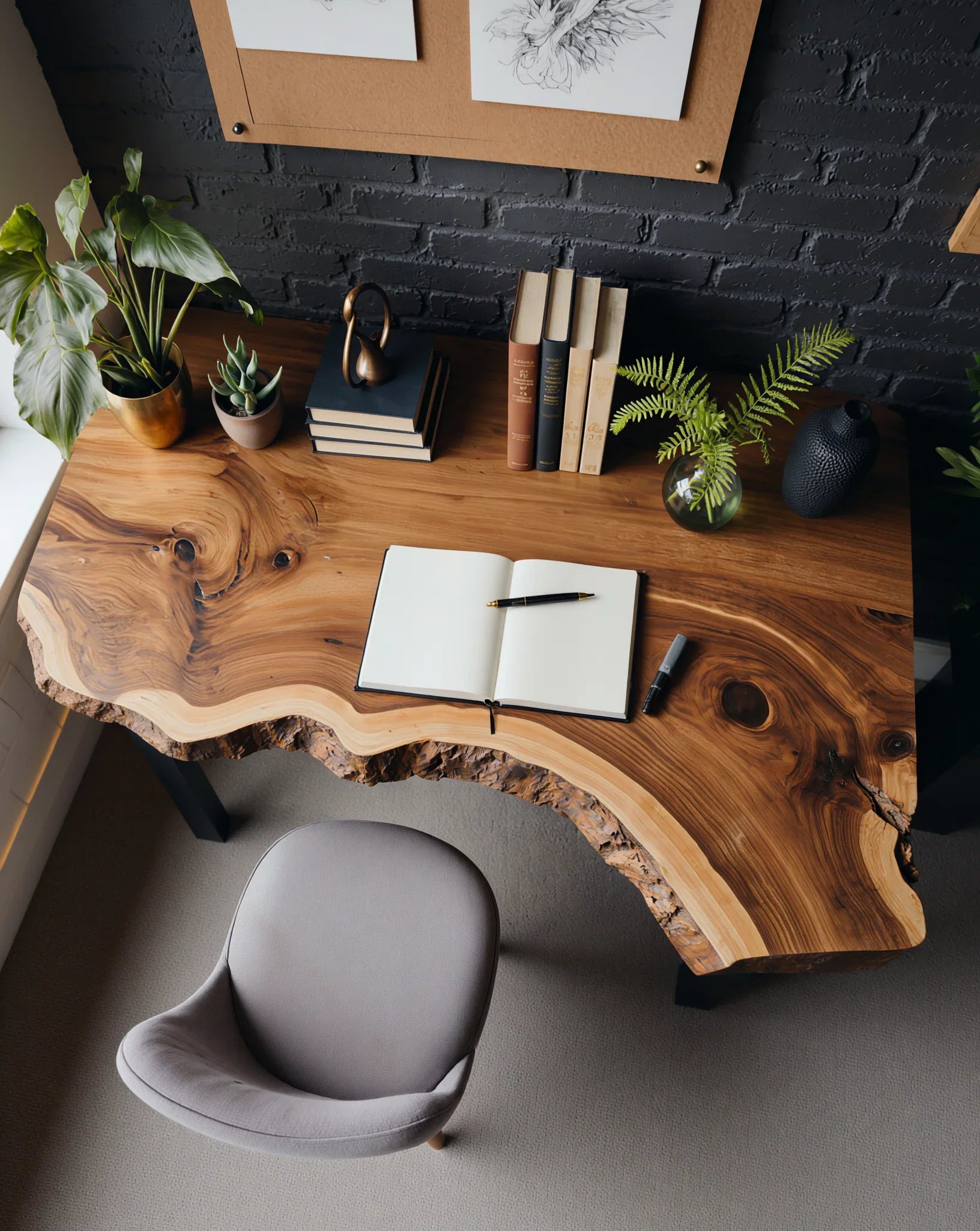 Live edge solid wood floating desk with plants, books, and open notebook in a cozy workspace